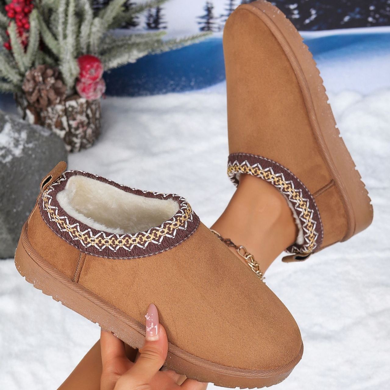 Women's Genuine Suede Fuzzy Embroidered Trim Slippers Boots