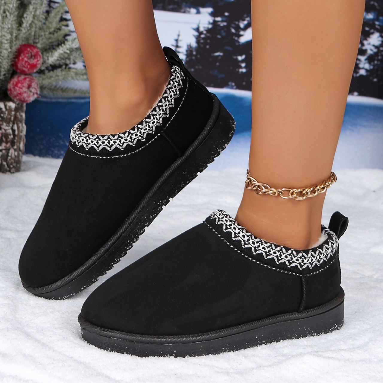 Women's Genuine Suede Fuzzy Embroidered Trim Slippers Boots