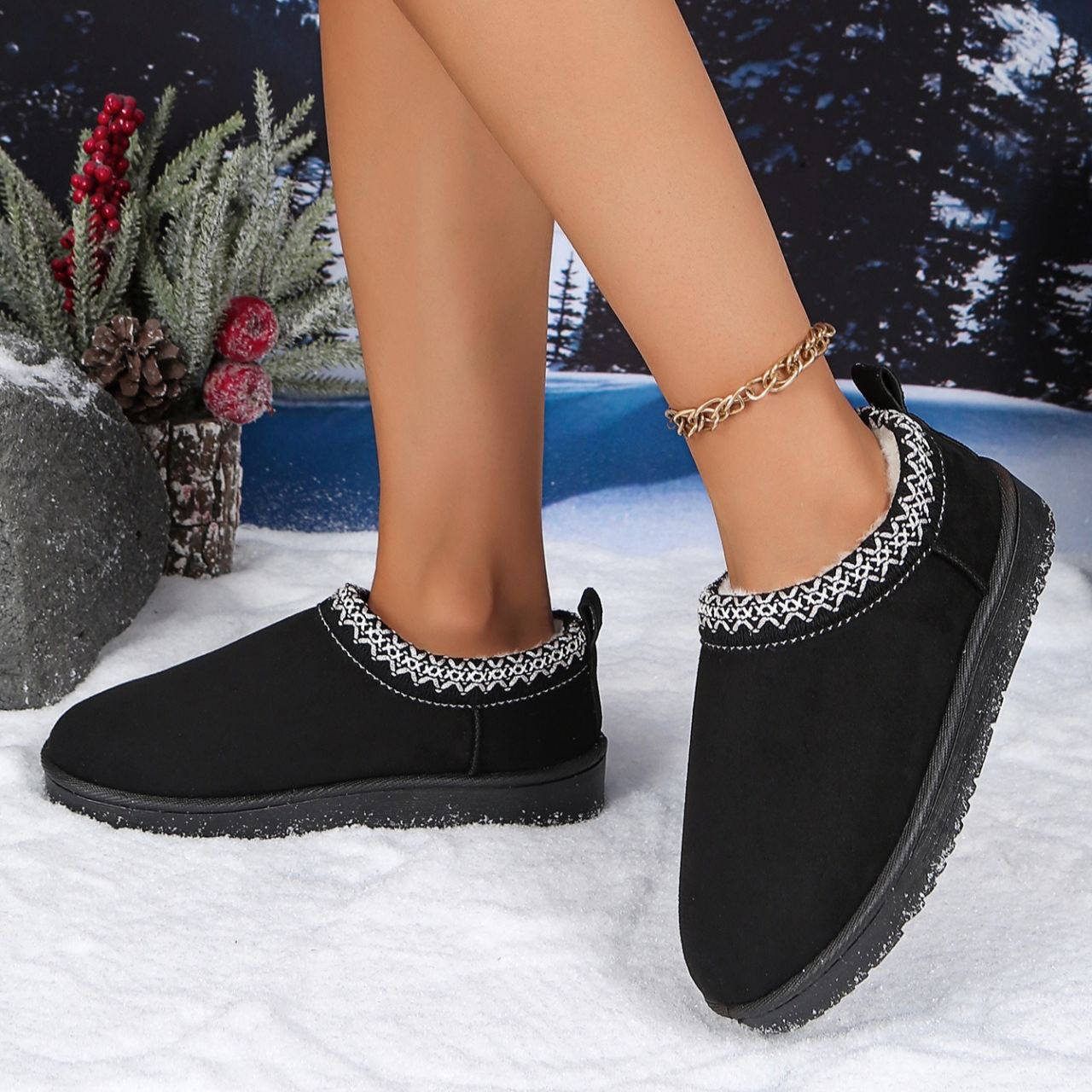 Women's Genuine Suede Fuzzy Embroidered Trim Slippers Boots