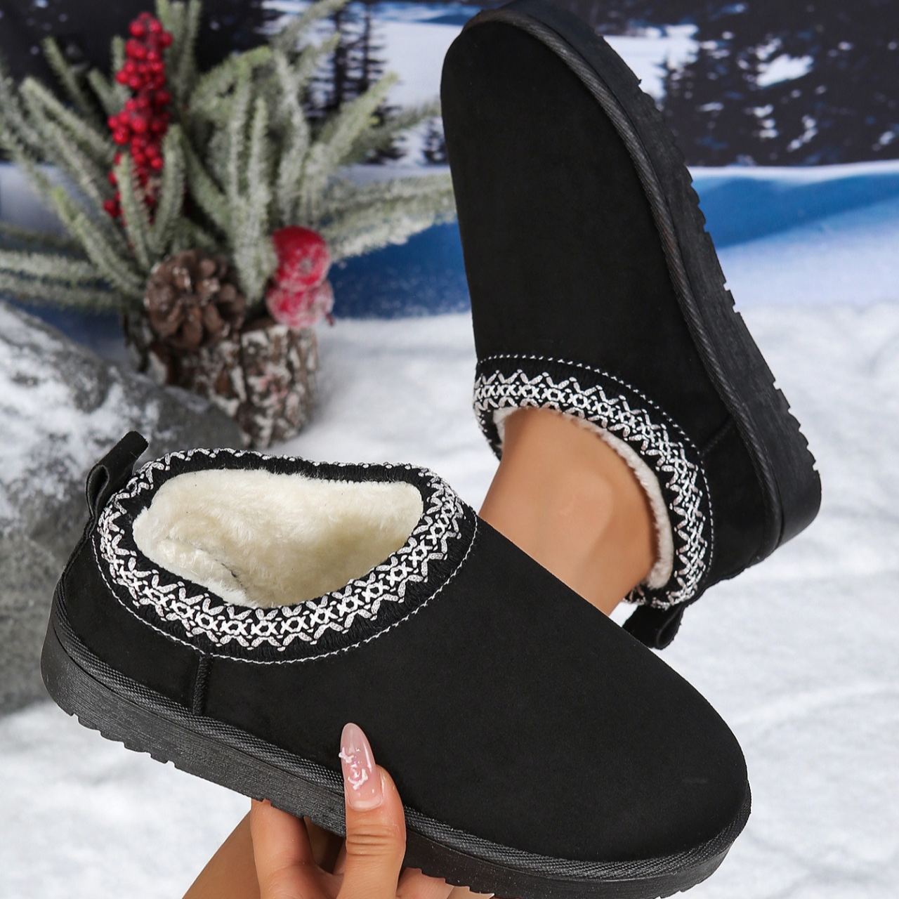Women's Genuine Suede Fuzzy Embroidered Trim Slippers Boots