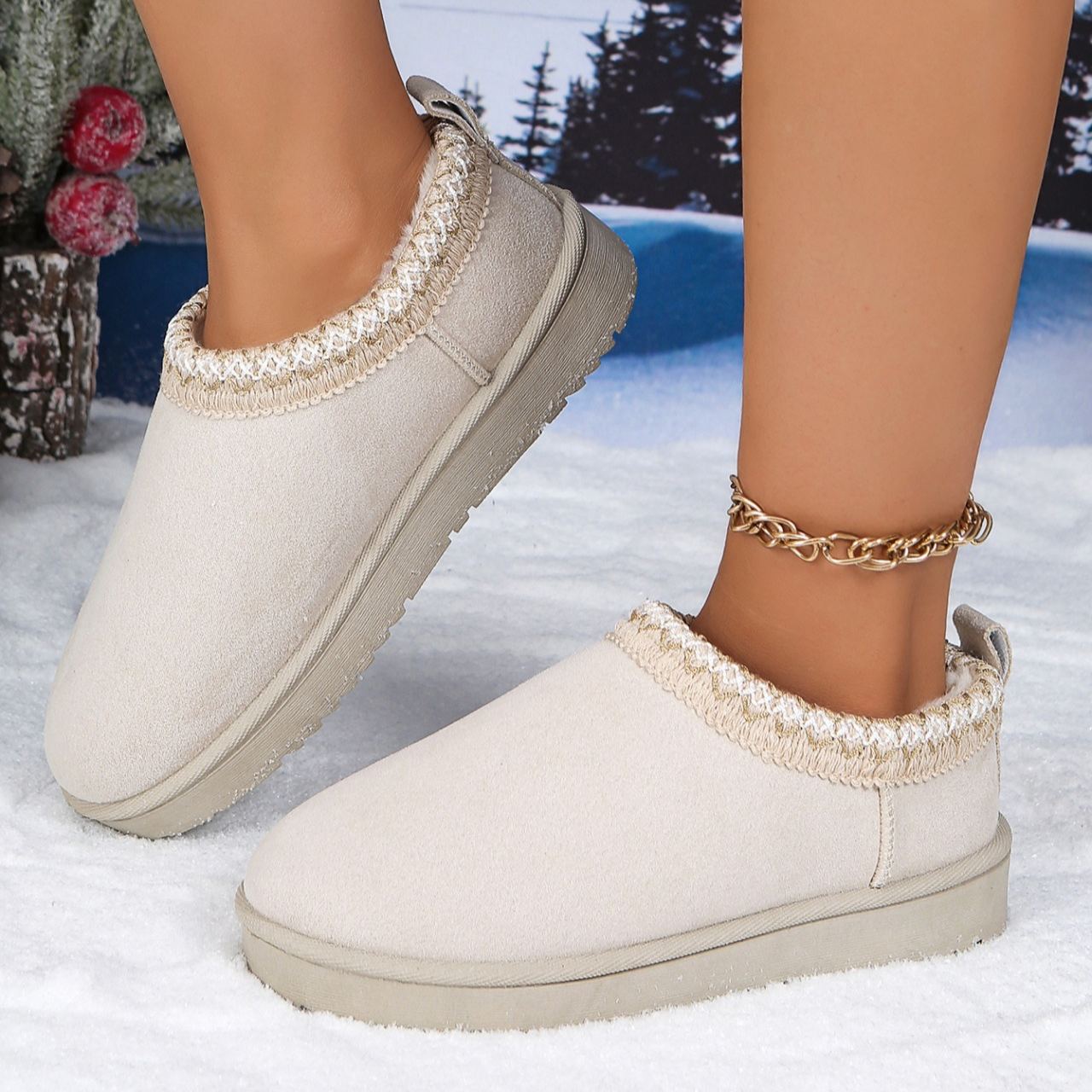 Women's Genuine Suede Fuzzy Embroidered Trim Slippers Boots