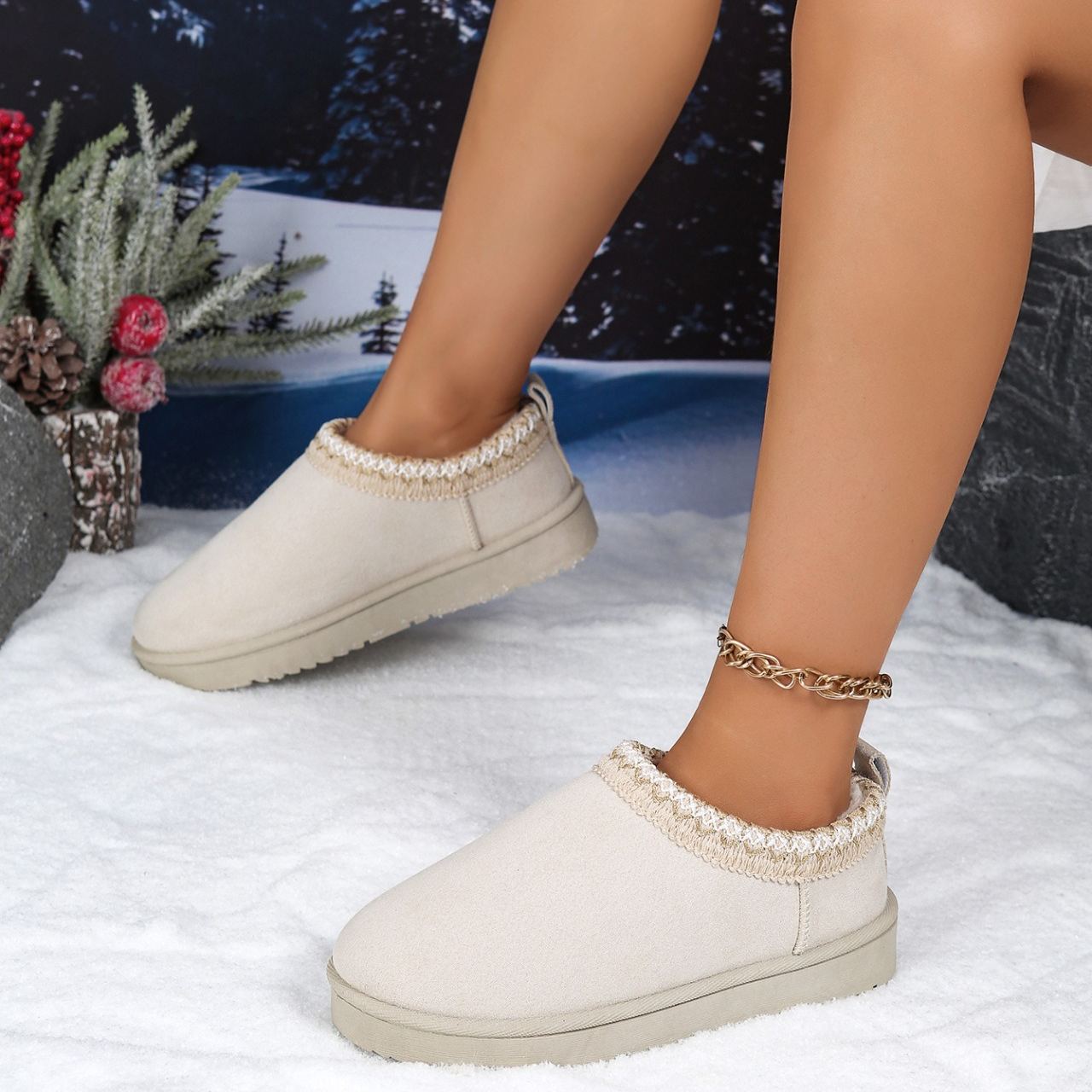 Women's Genuine Suede Fuzzy Embroidered Trim Slippers Boots