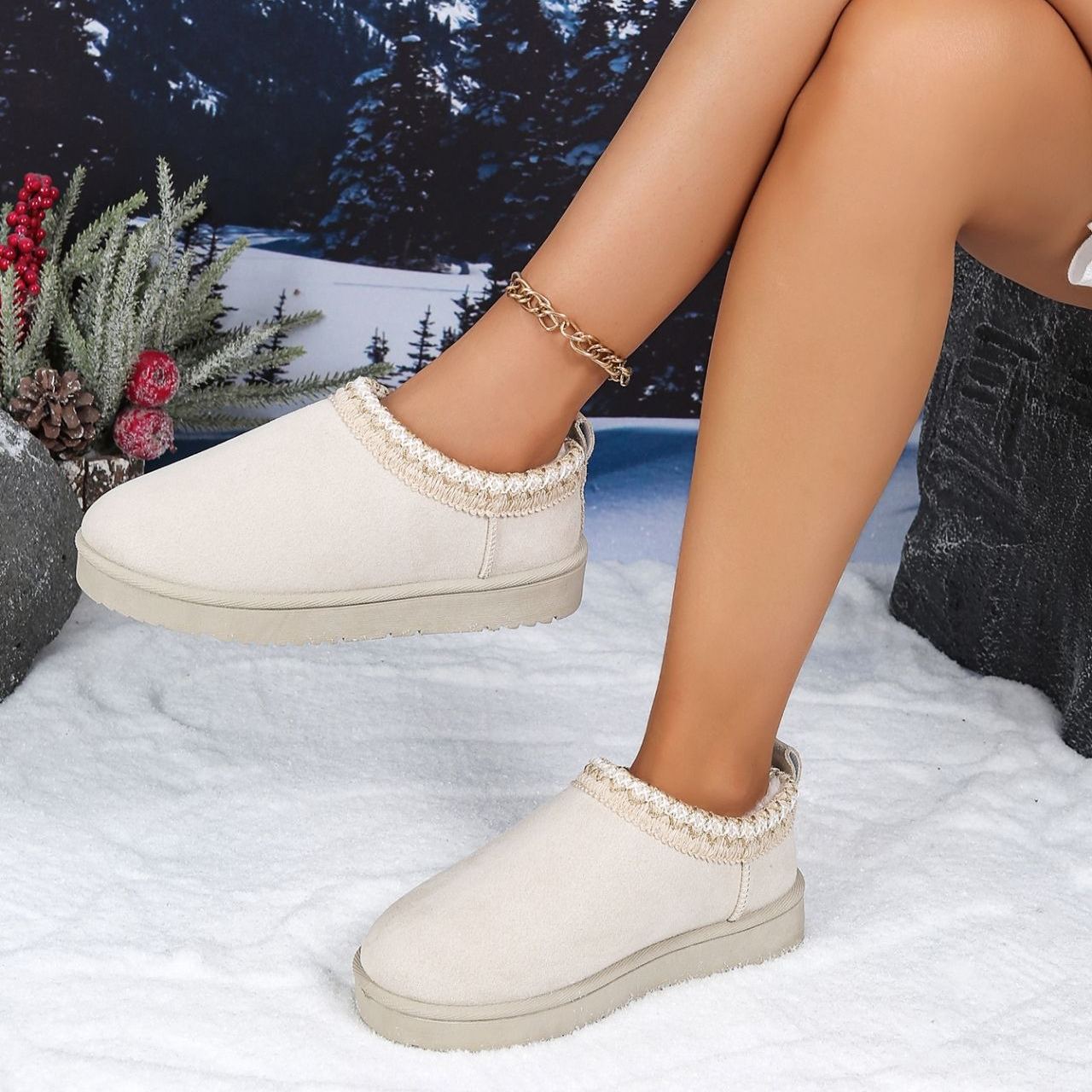 Women's Genuine Suede Fuzzy Embroidered Trim Slippers Boots