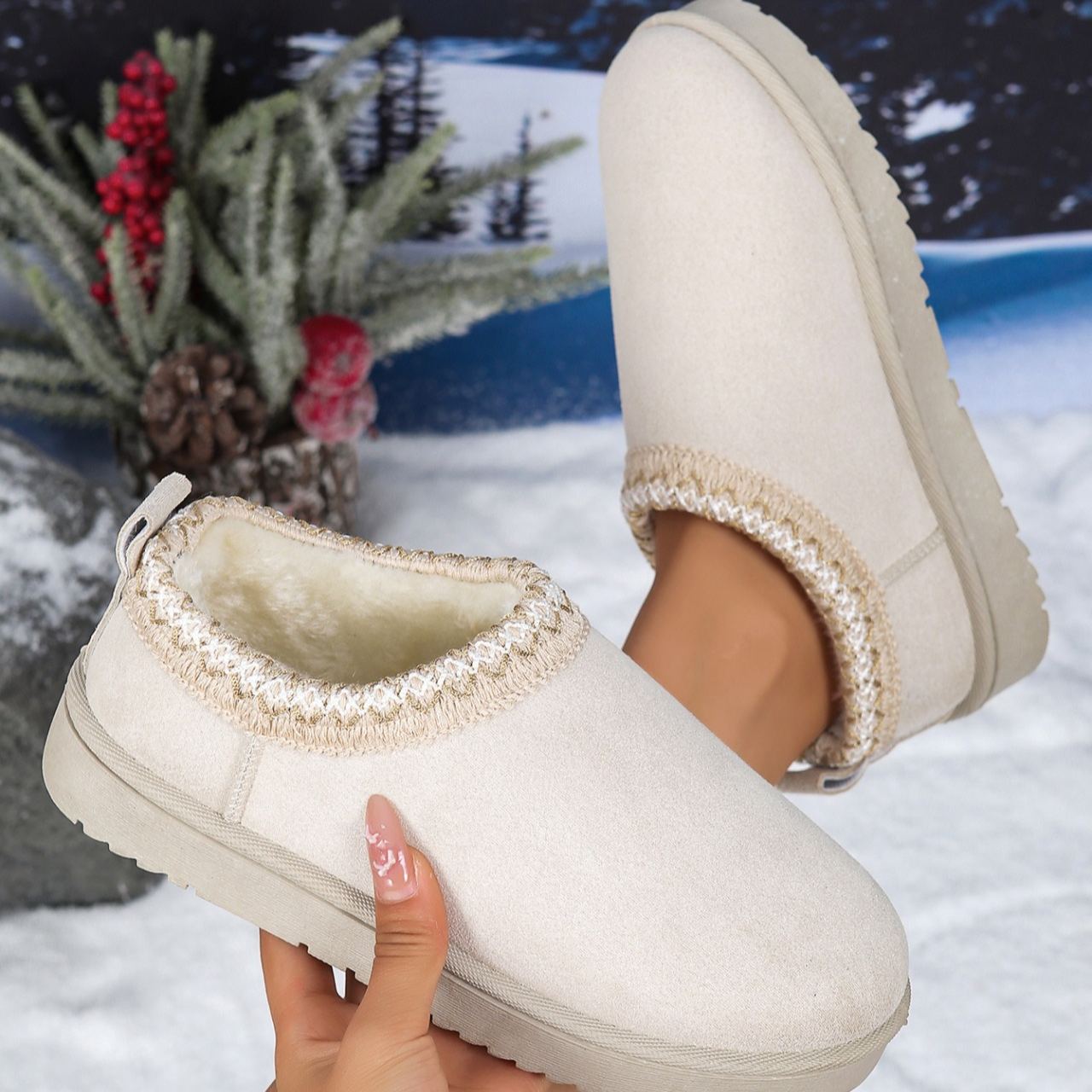 Women's Genuine Suede Fuzzy Embroidered Trim Slippers Boots