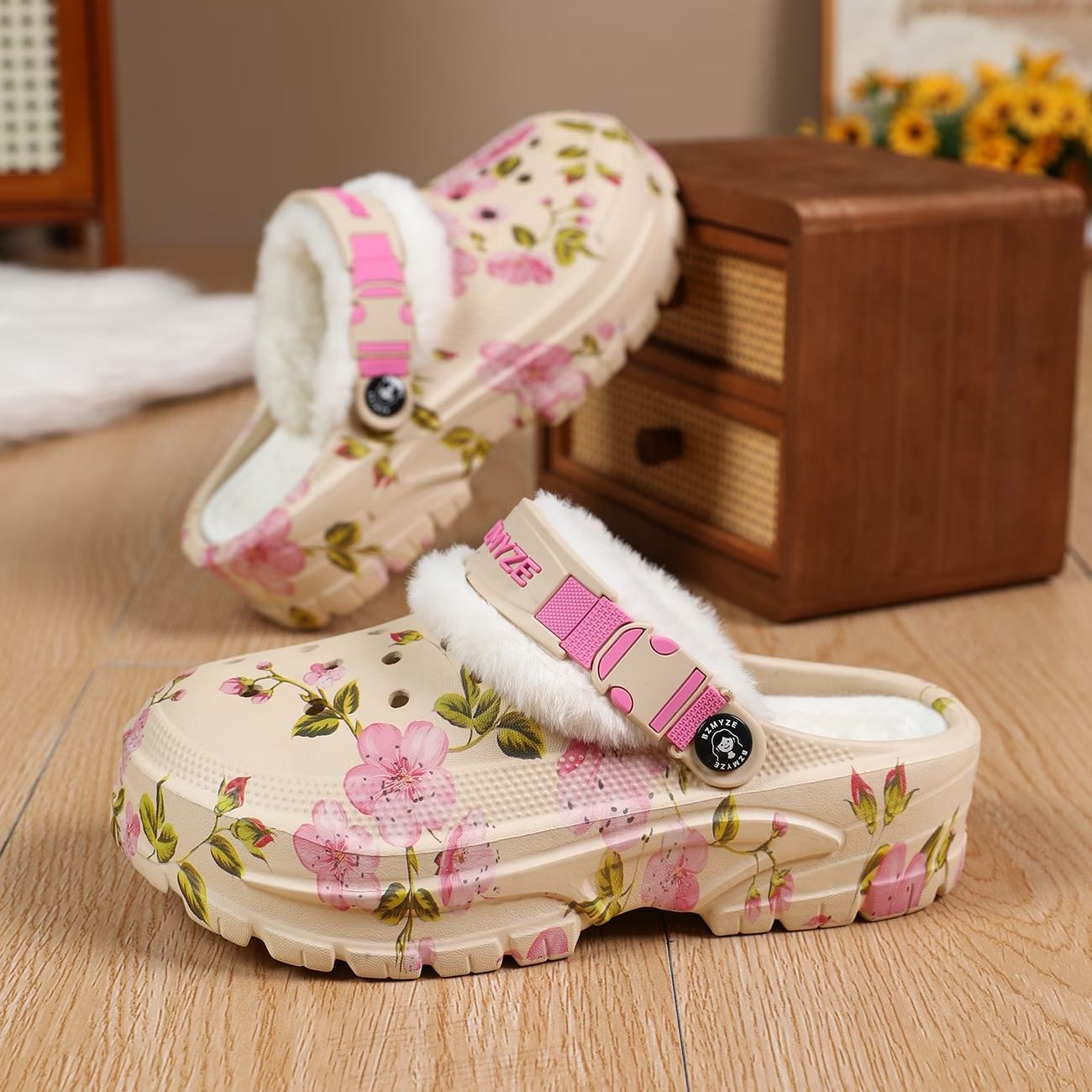 Women's Cherry Blossom Platform EVA Clogs Plush-Lined Mules
