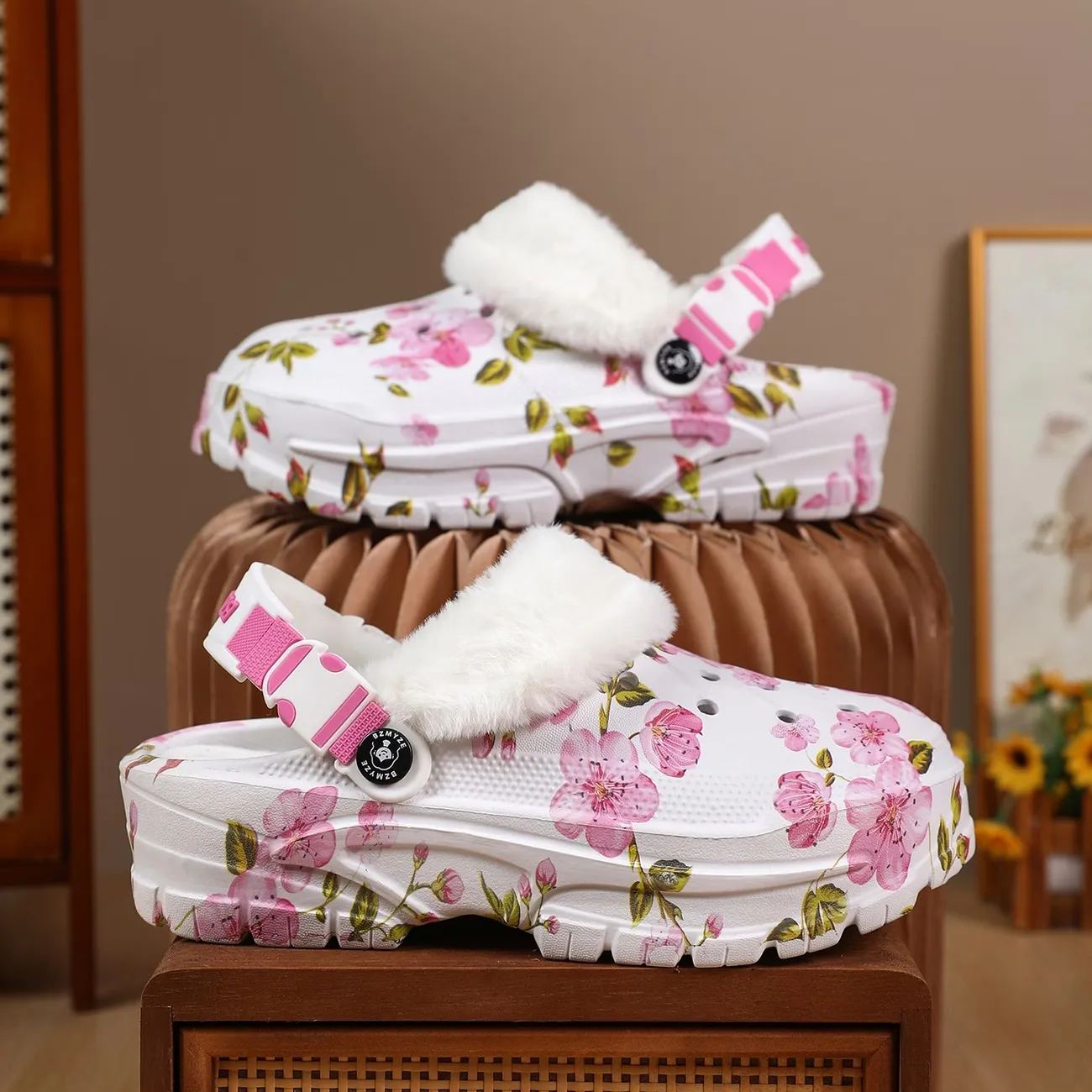Women's Cherry Blossom Platform EVA Clogs Plush-Lined Mules