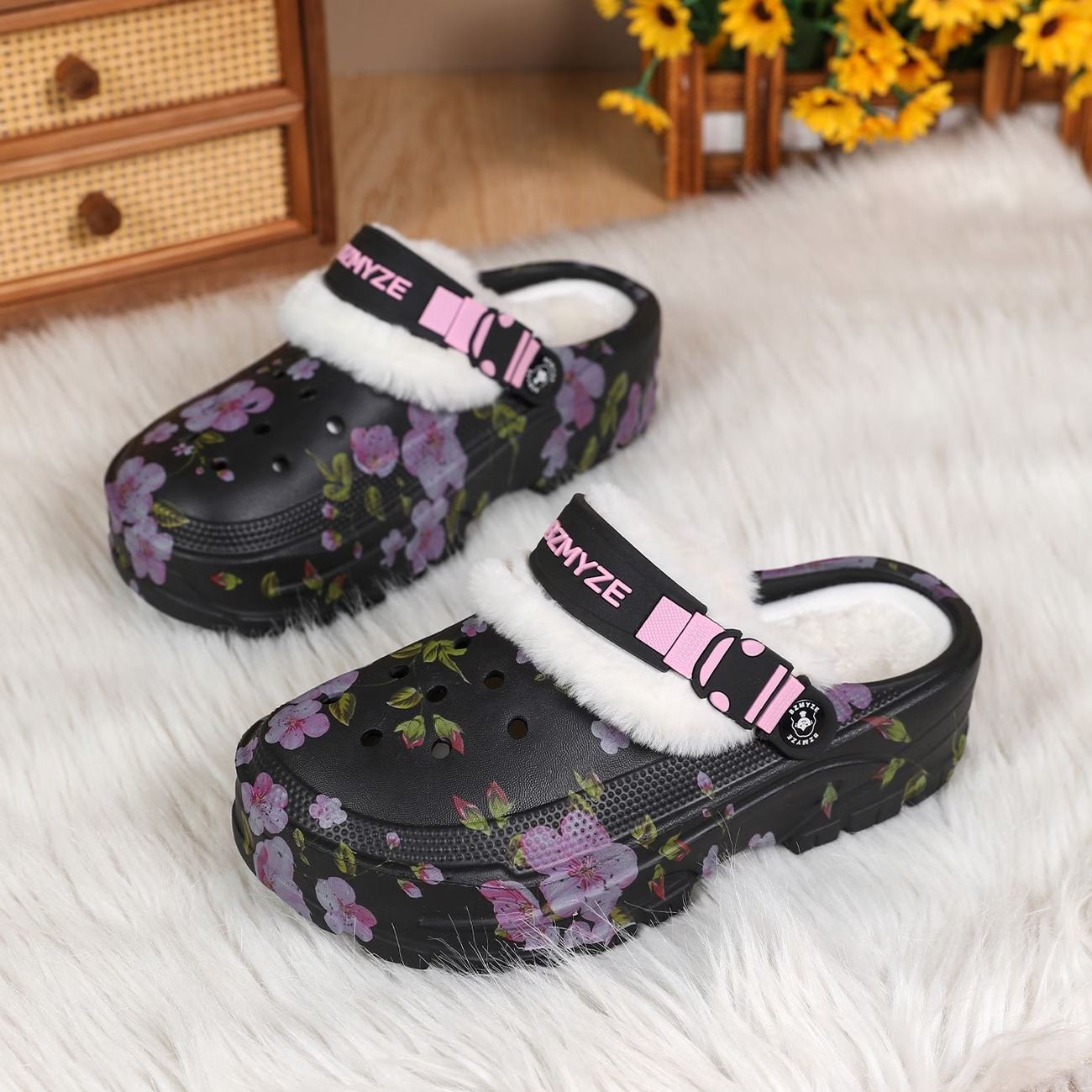 Women's Cherry Blossom Platform EVA Clogs Plush-Lined Mules