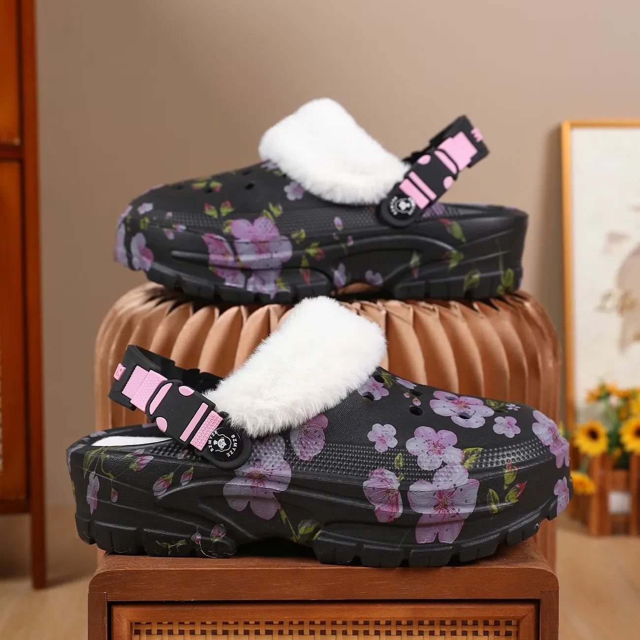 Women's Cherry Blossom Platform EVA Clogs Plush-Lined Mules