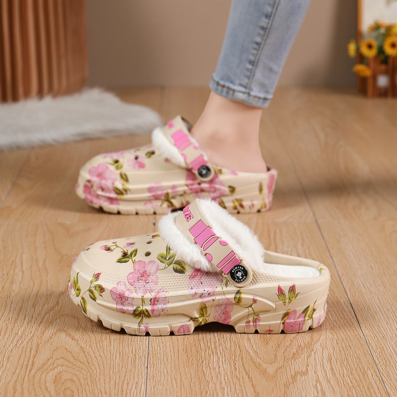 Women's Cherry Blossom Platform EVA Clogs Plush-Lined Mules