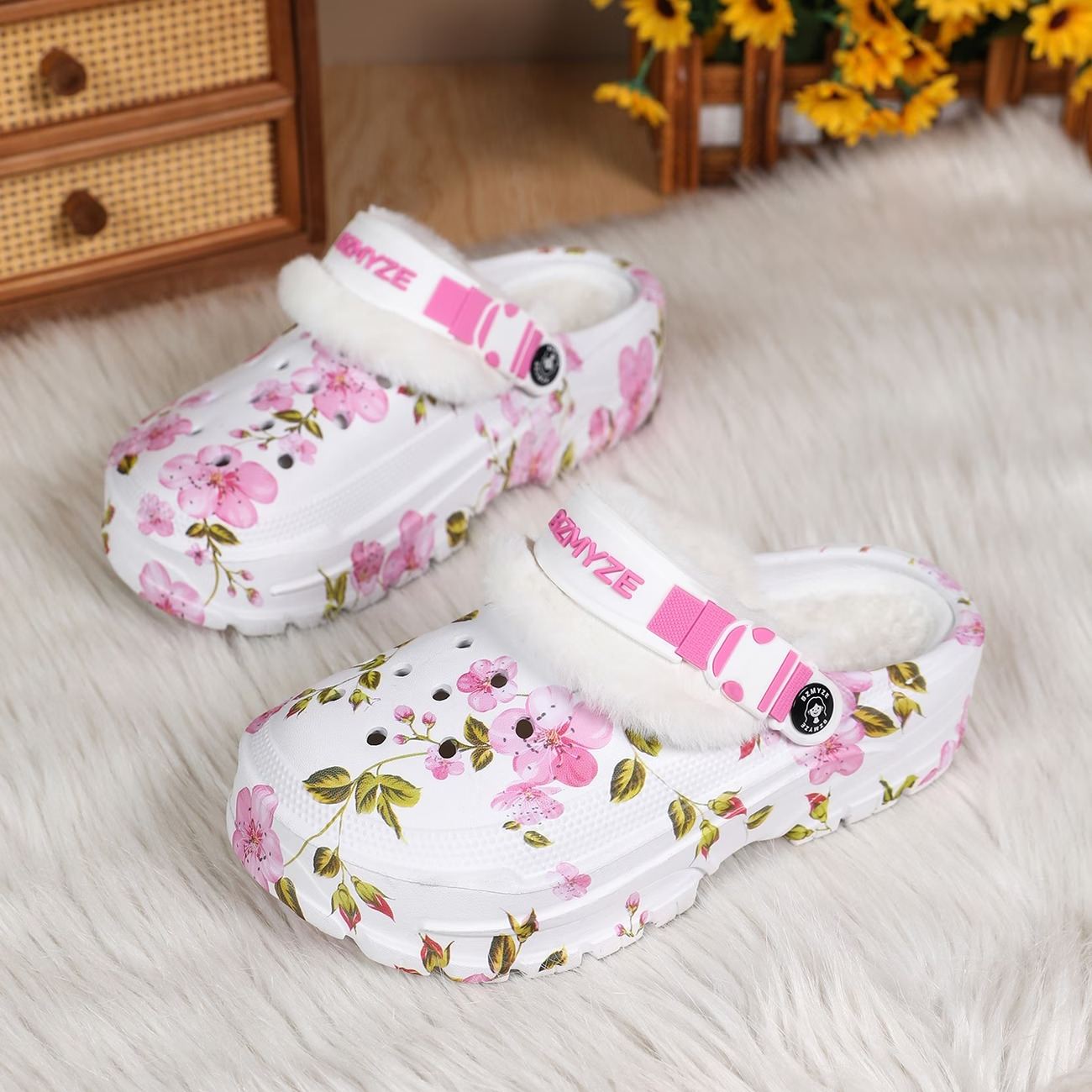 Women's Cherry Blossom Platform EVA Clogs Plush-Lined Mules