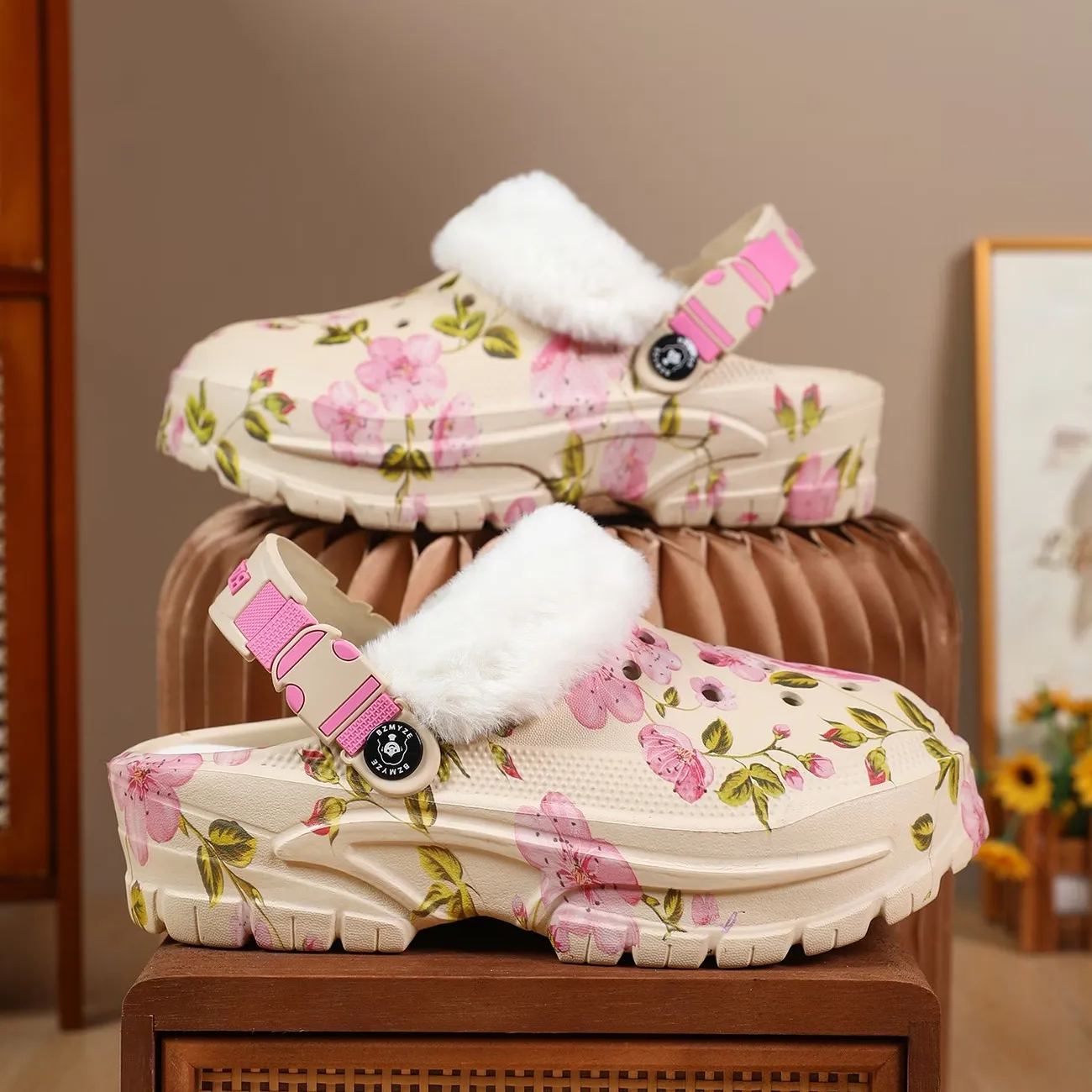 Women's Cherry Blossom Platform EVA Clogs Plush-Lined Mules