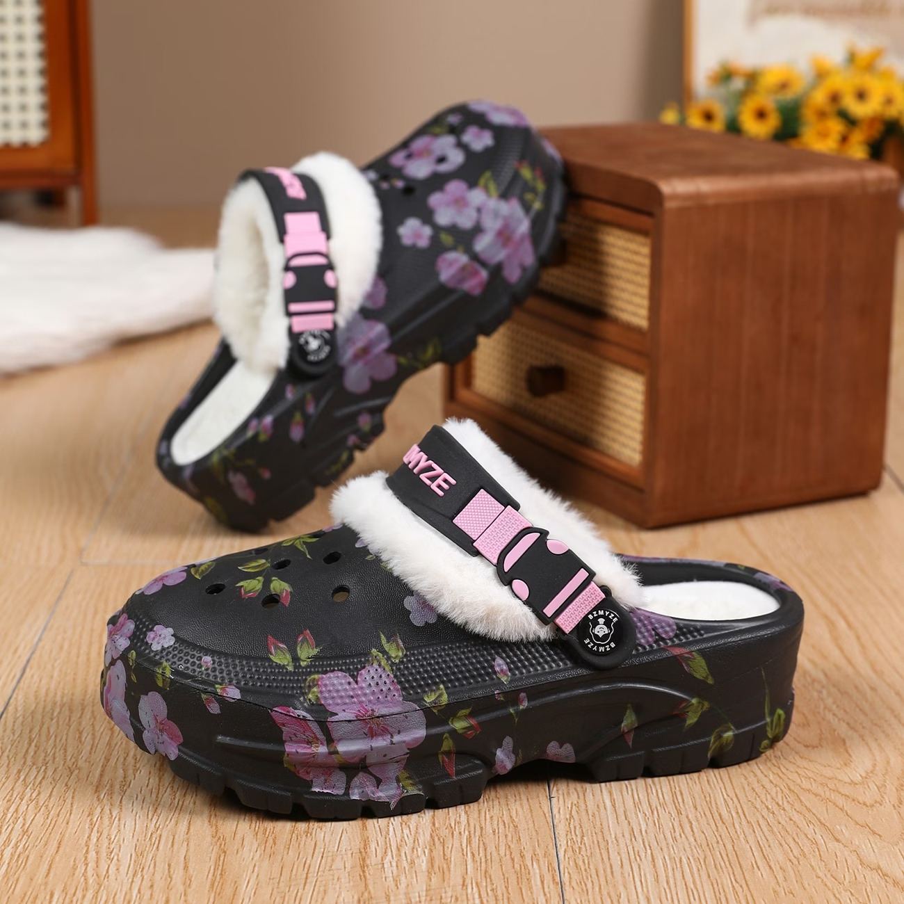 Women's Cherry Blossom Platform EVA Clogs Plush-Lined Mules