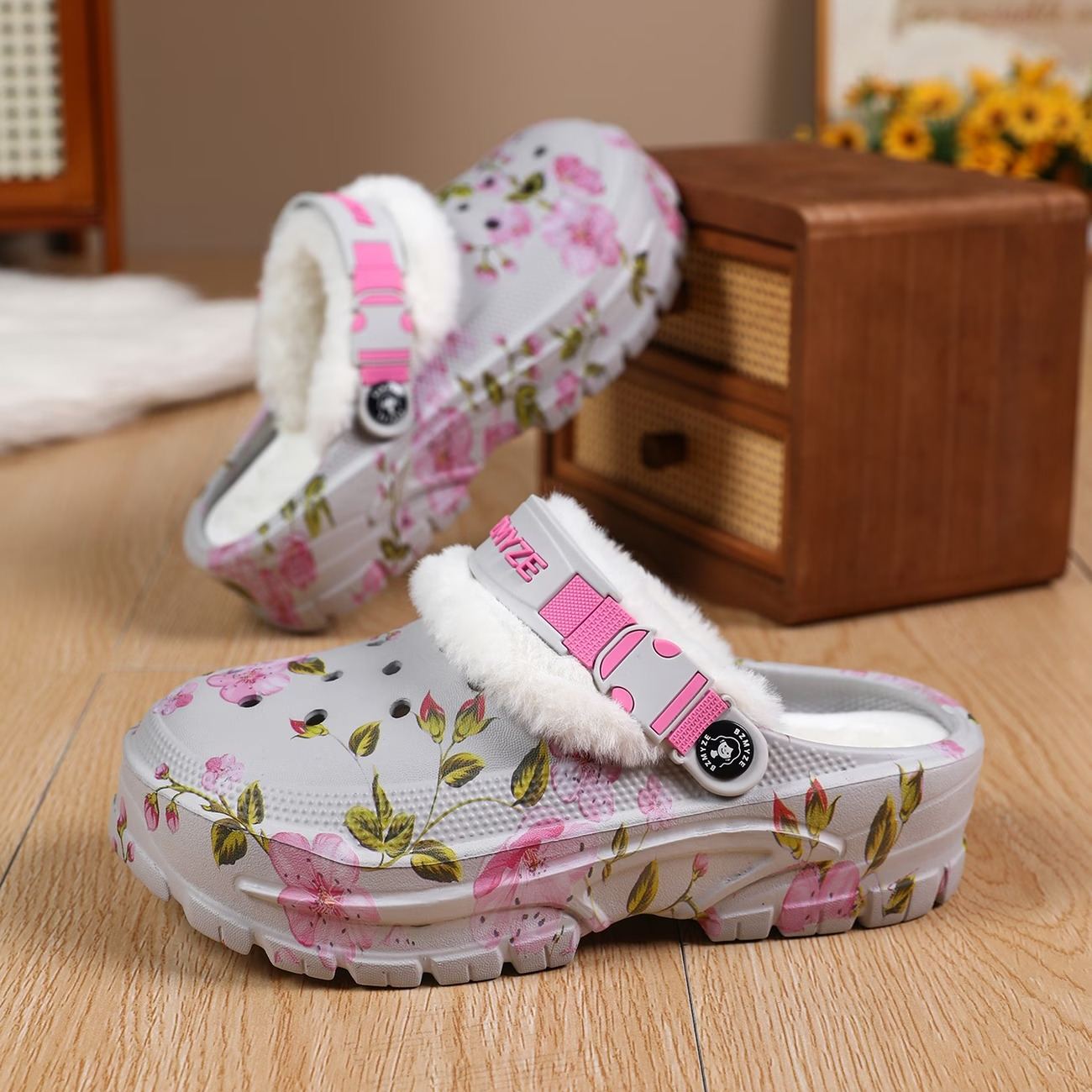 Women's Cherry Blossom Platform EVA Clogs Plush-Lined Mules