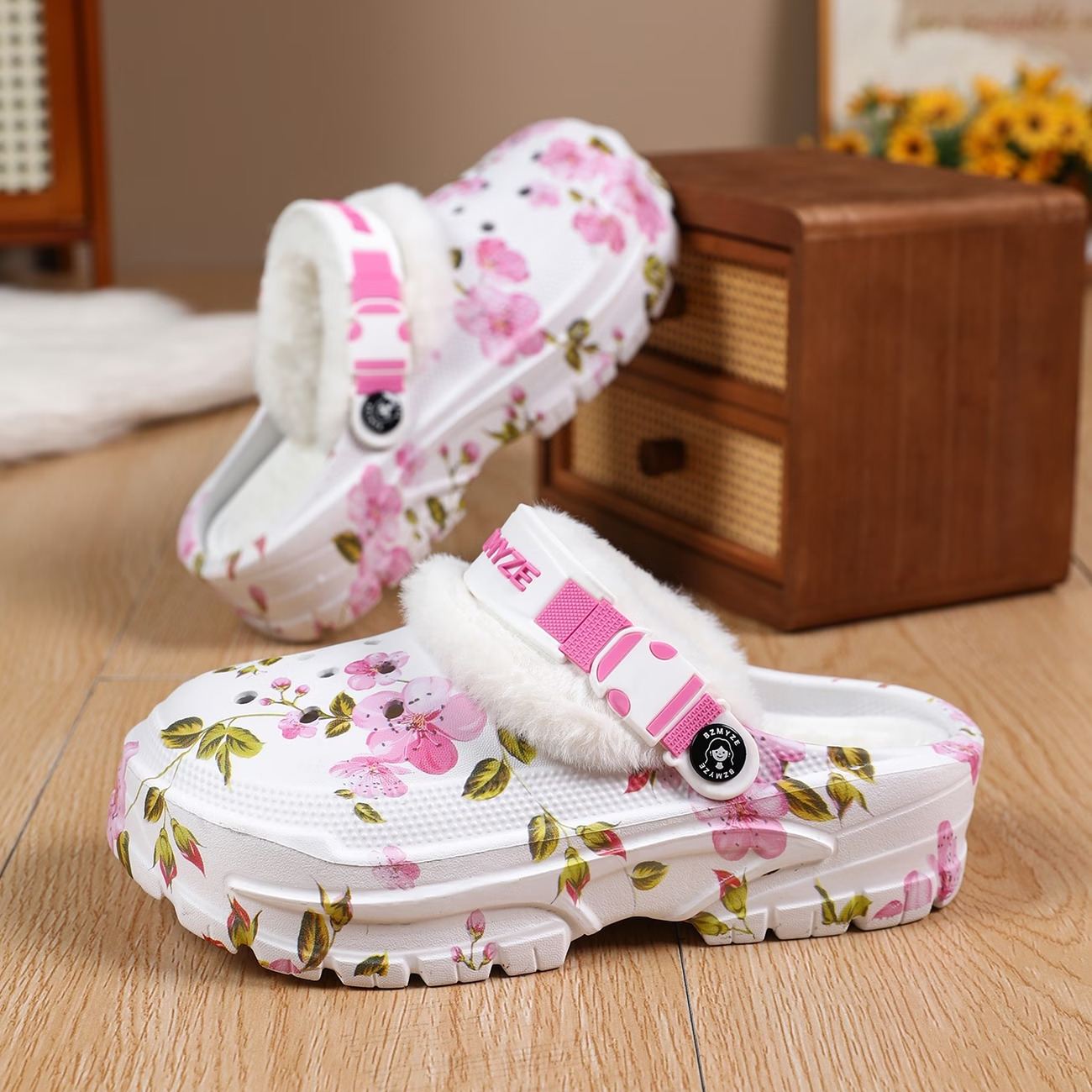 Women's Cherry Blossom Platform EVA Clogs Plush-Lined Mules