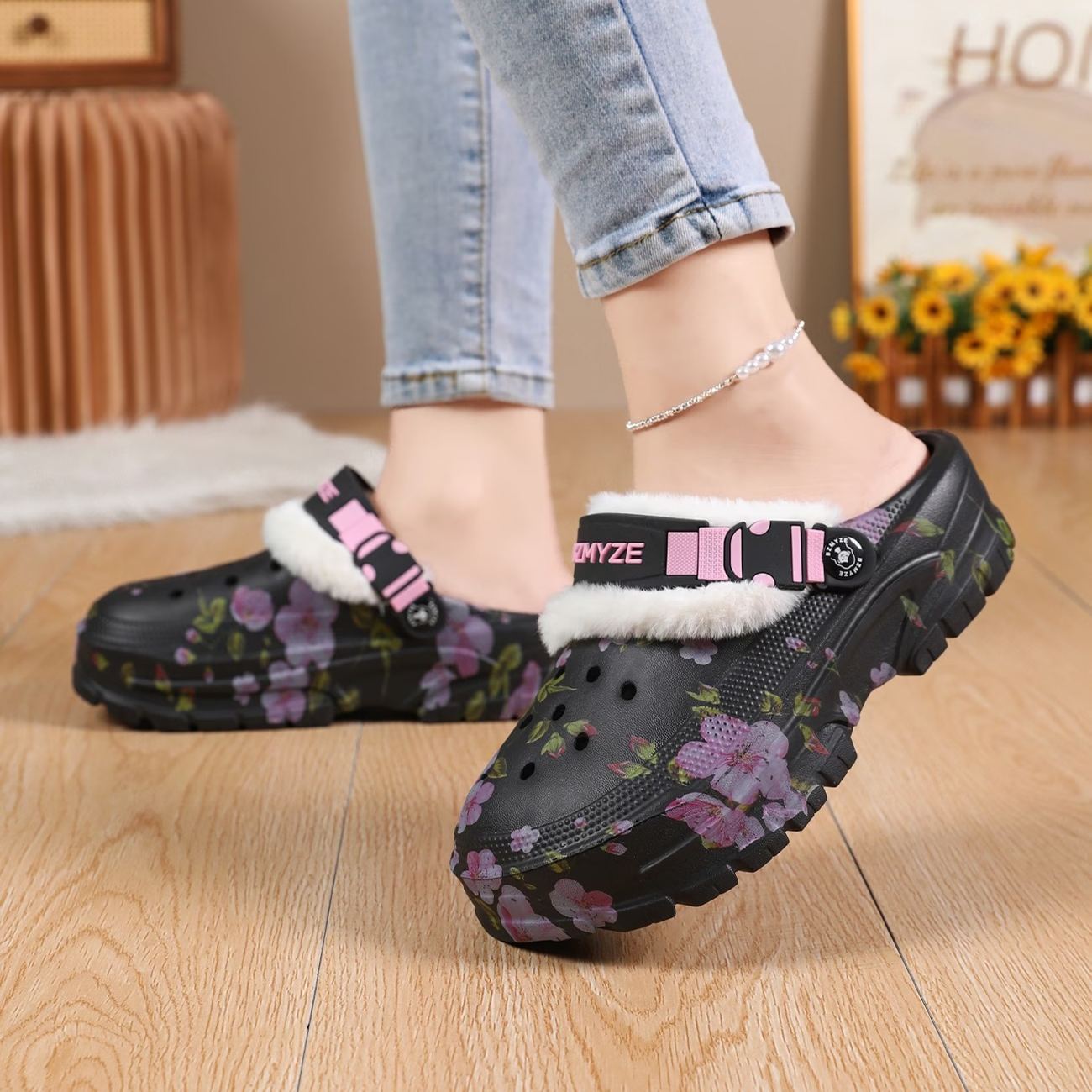 Women's Cherry Blossom Platform EVA Clogs Plush-Lined Mules