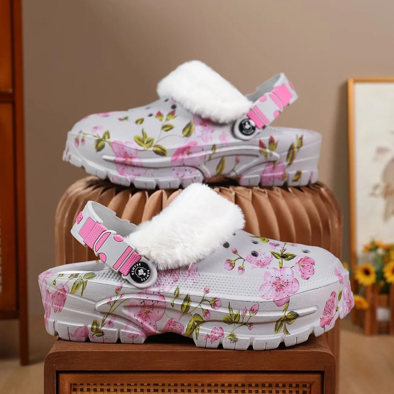 Women's Cherry Blossom Platform EVA Clogs Plush-Lined Mules