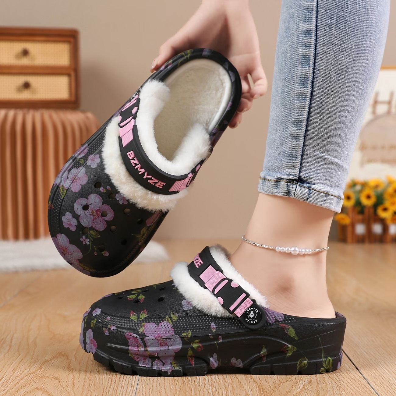 Women's Cherry Blossom Platform EVA Clogs Plush-Lined Mules