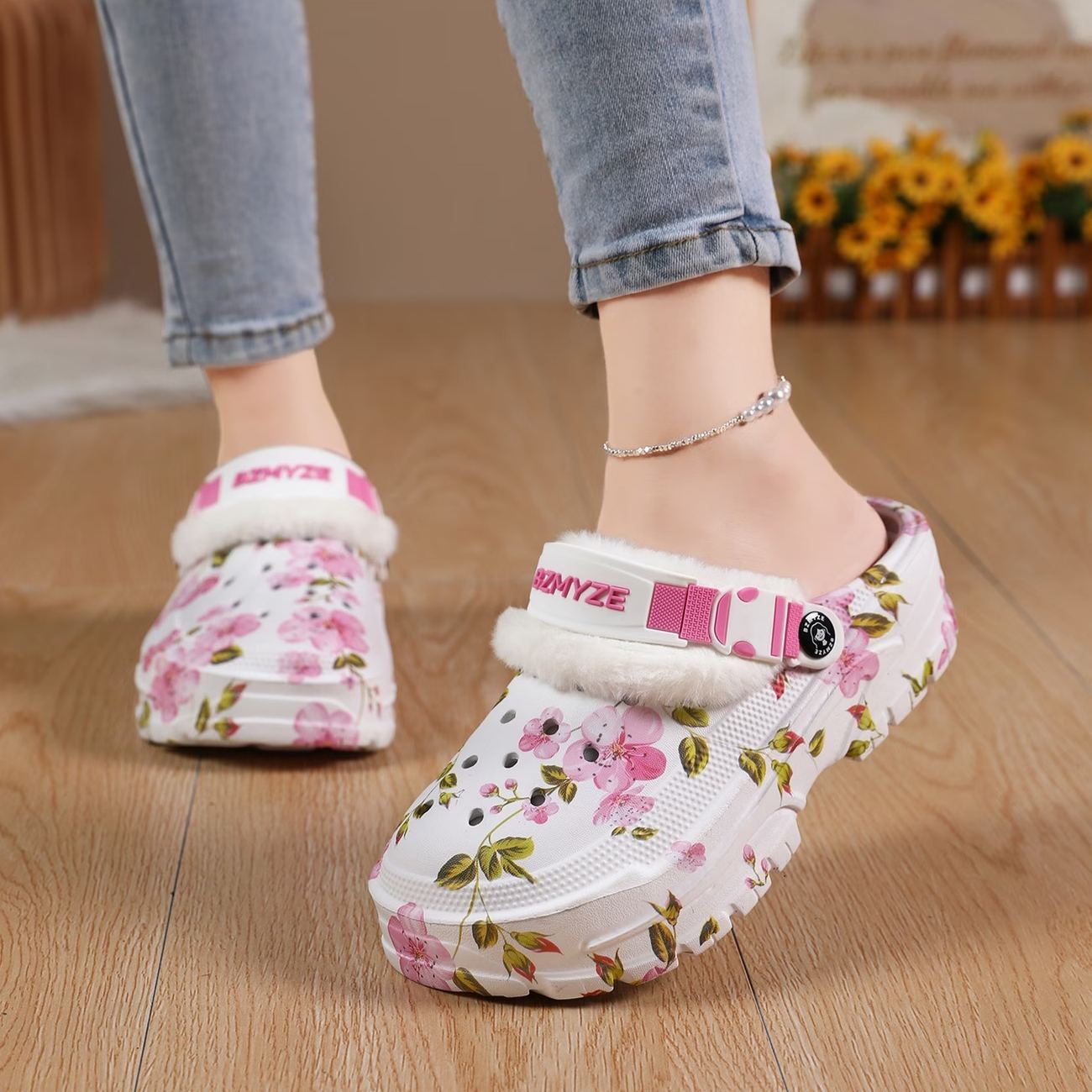 Women's Cherry Blossom Platform EVA Clogs Plush-Lined Mules