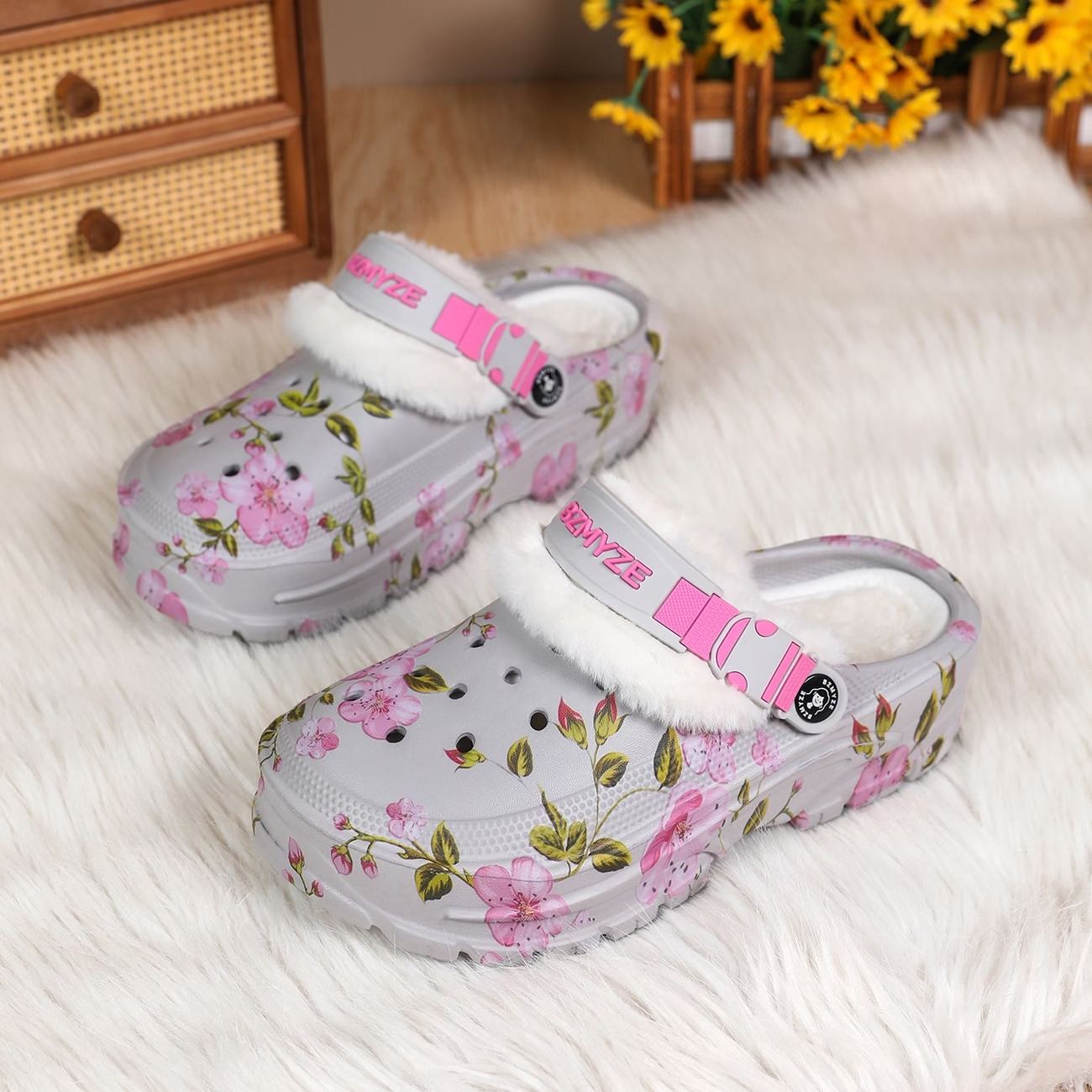Women's Cherry Blossom Platform EVA Clogs Plush-Lined Mules