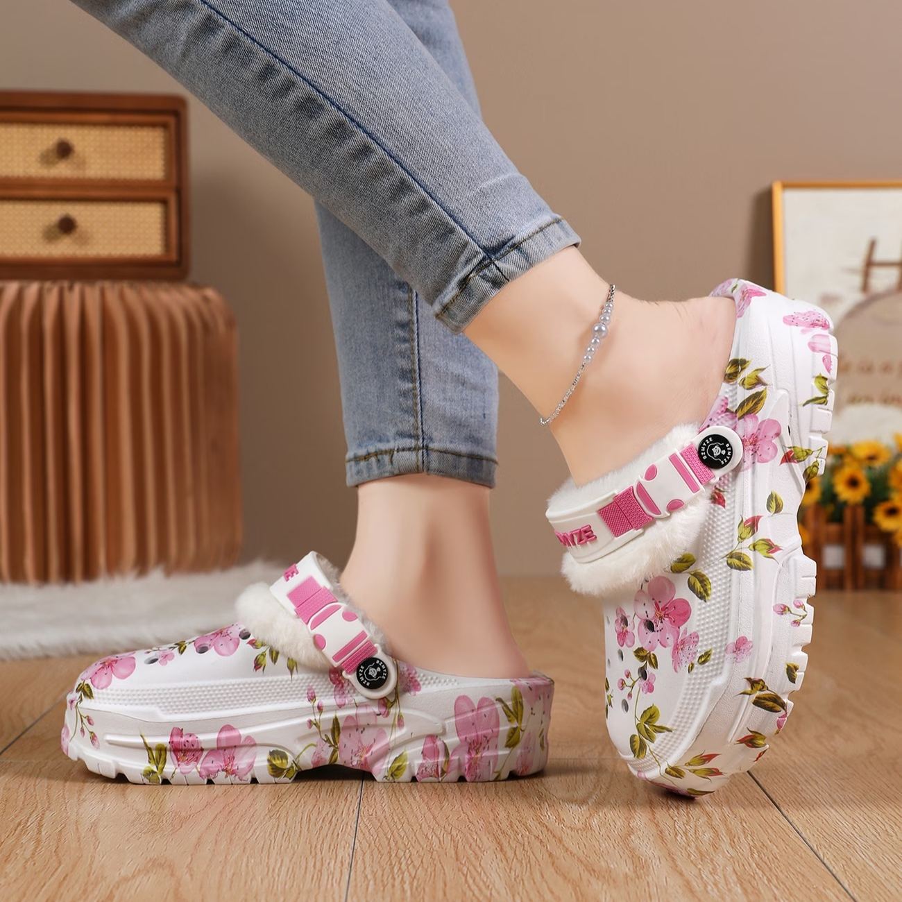 Women's Cherry Blossom Platform EVA Clogs Plush-Lined Mules