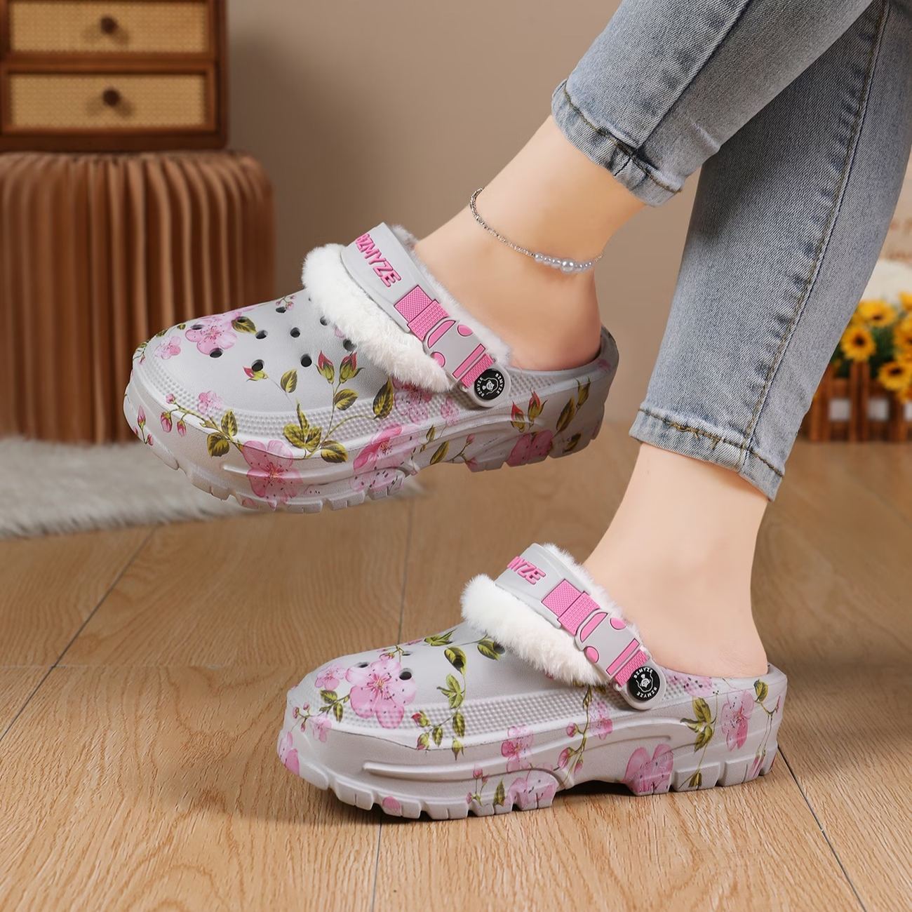 Women's Cherry Blossom Platform EVA Clogs Plush-Lined Mules