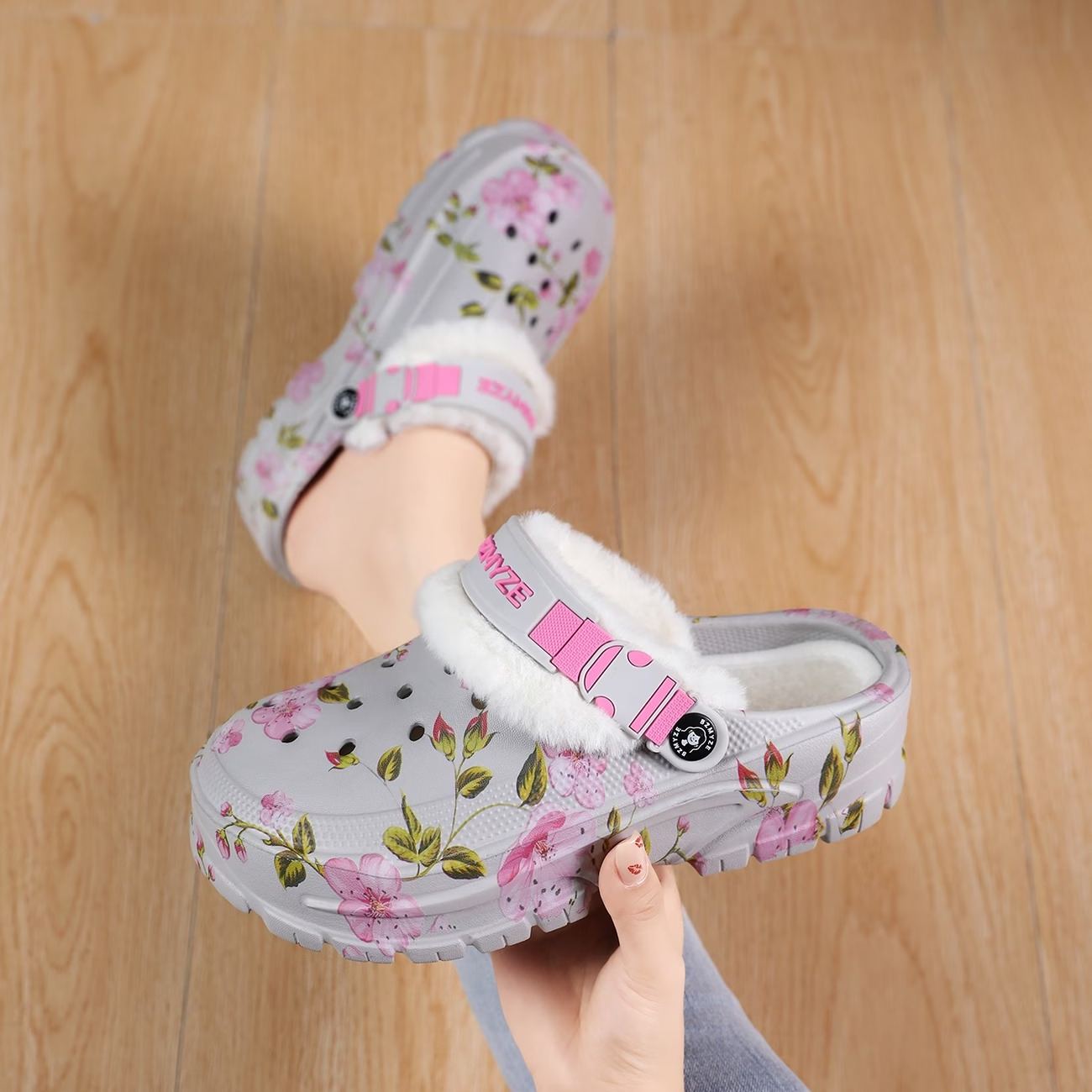Women's Cherry Blossom Platform EVA Clogs Plush-Lined Mules