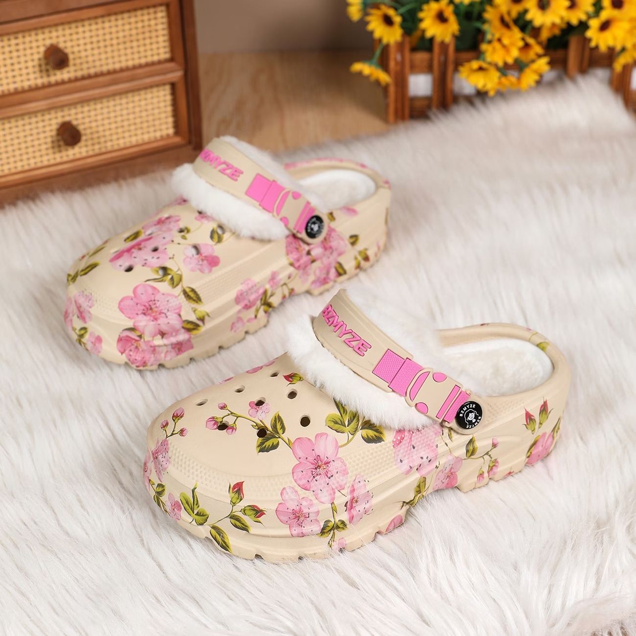 Women's Cherry Blossom Platform EVA Clogs Plush-Lined Mules