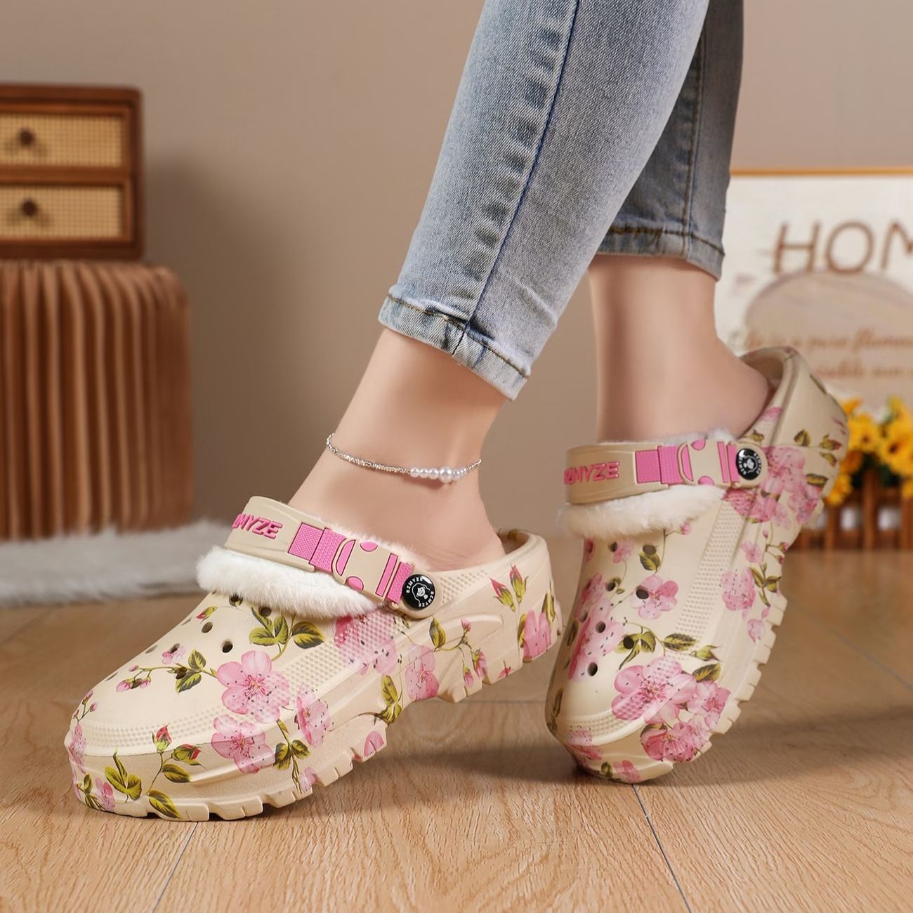 Women's Cherry Blossom Platform EVA Clogs Plush-Lined Mules