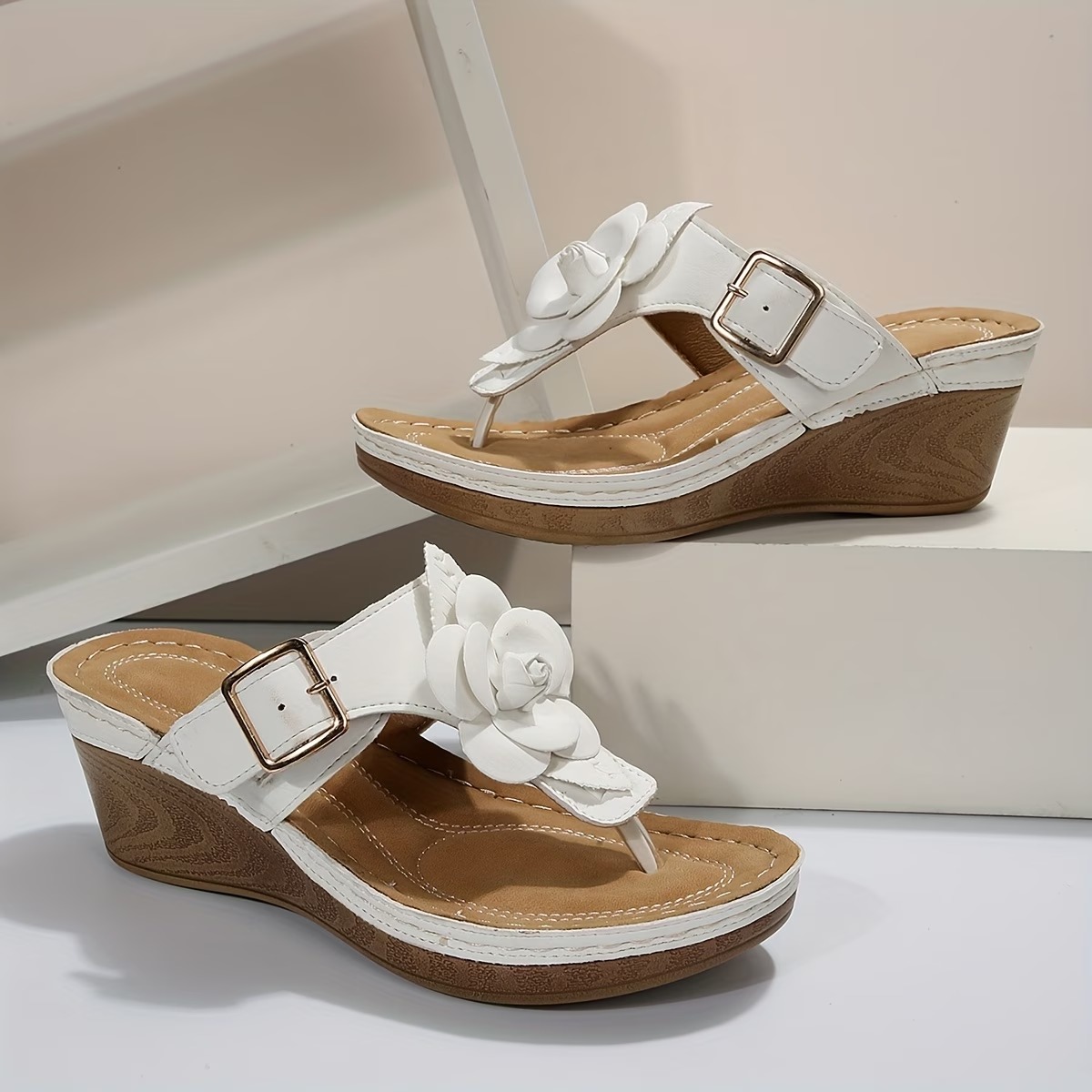 Floral-Embellished Wedge Thick-Soled Flip-Flop Sandals