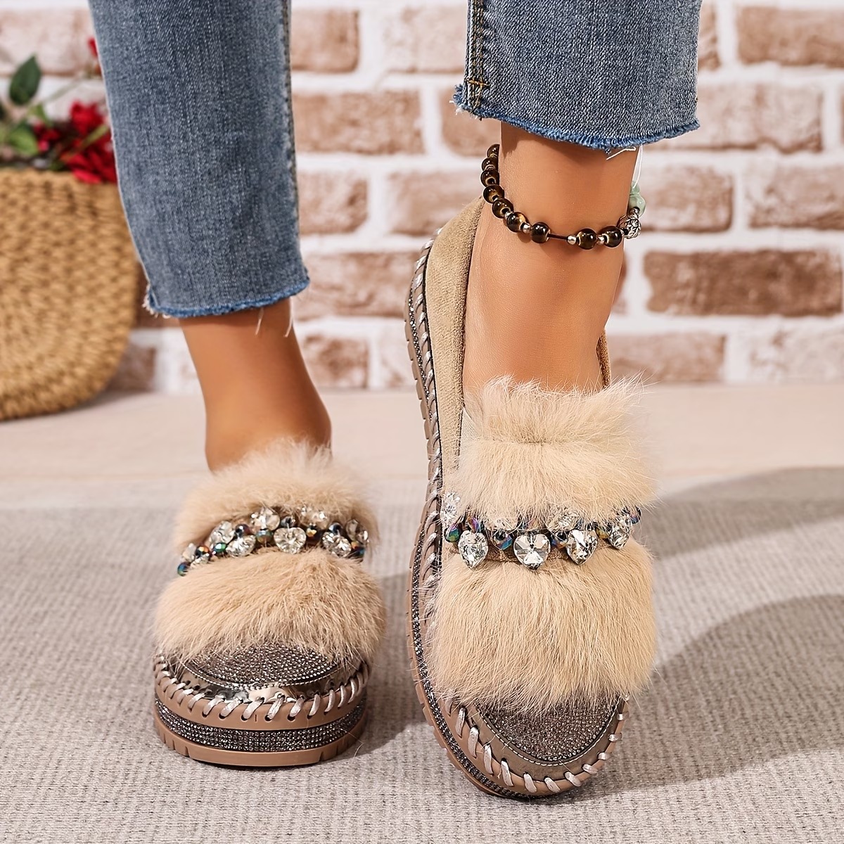 Women's Rhinestone Casual Warm Flat Shoes