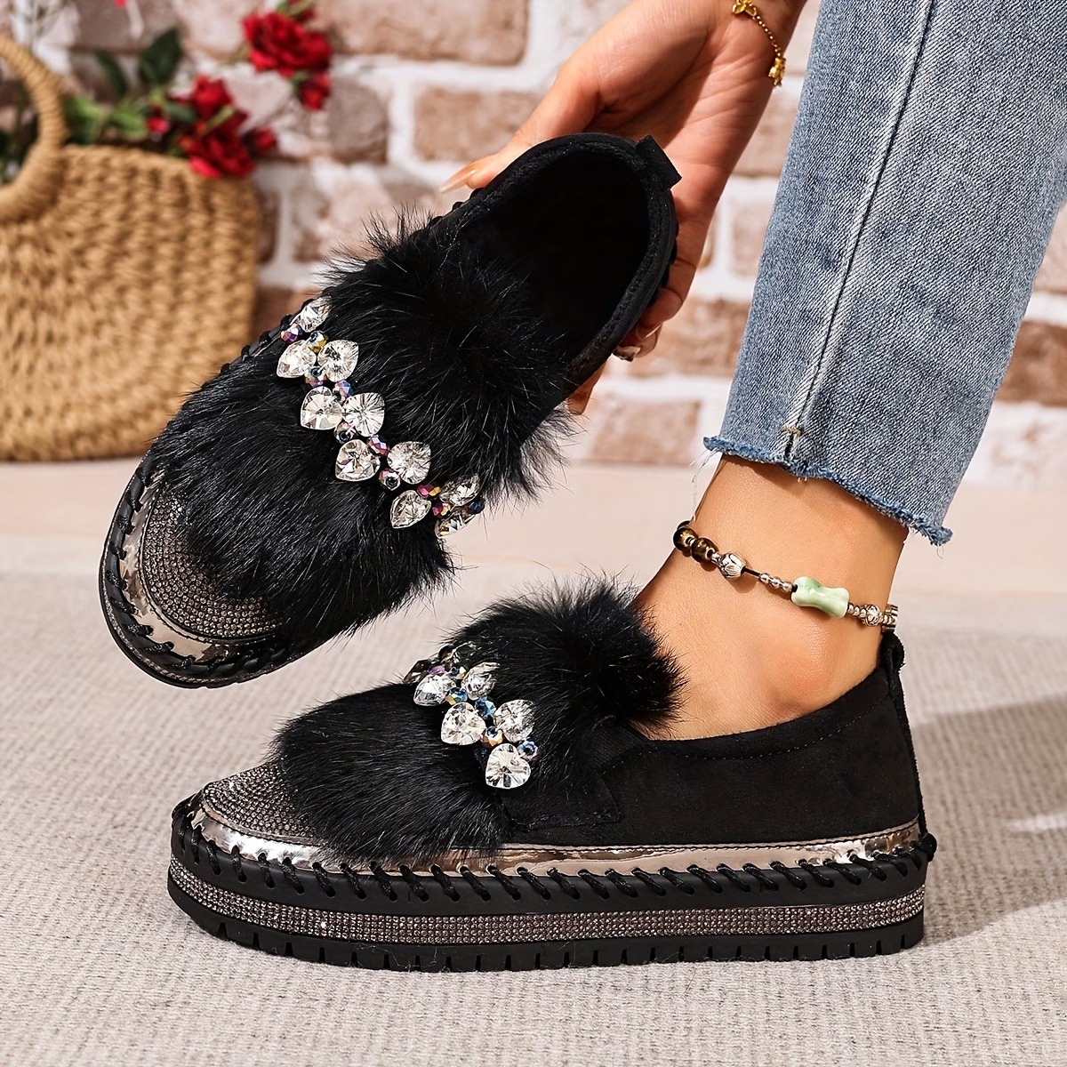 Women's Rhinestone Casual Warm Flat Shoes