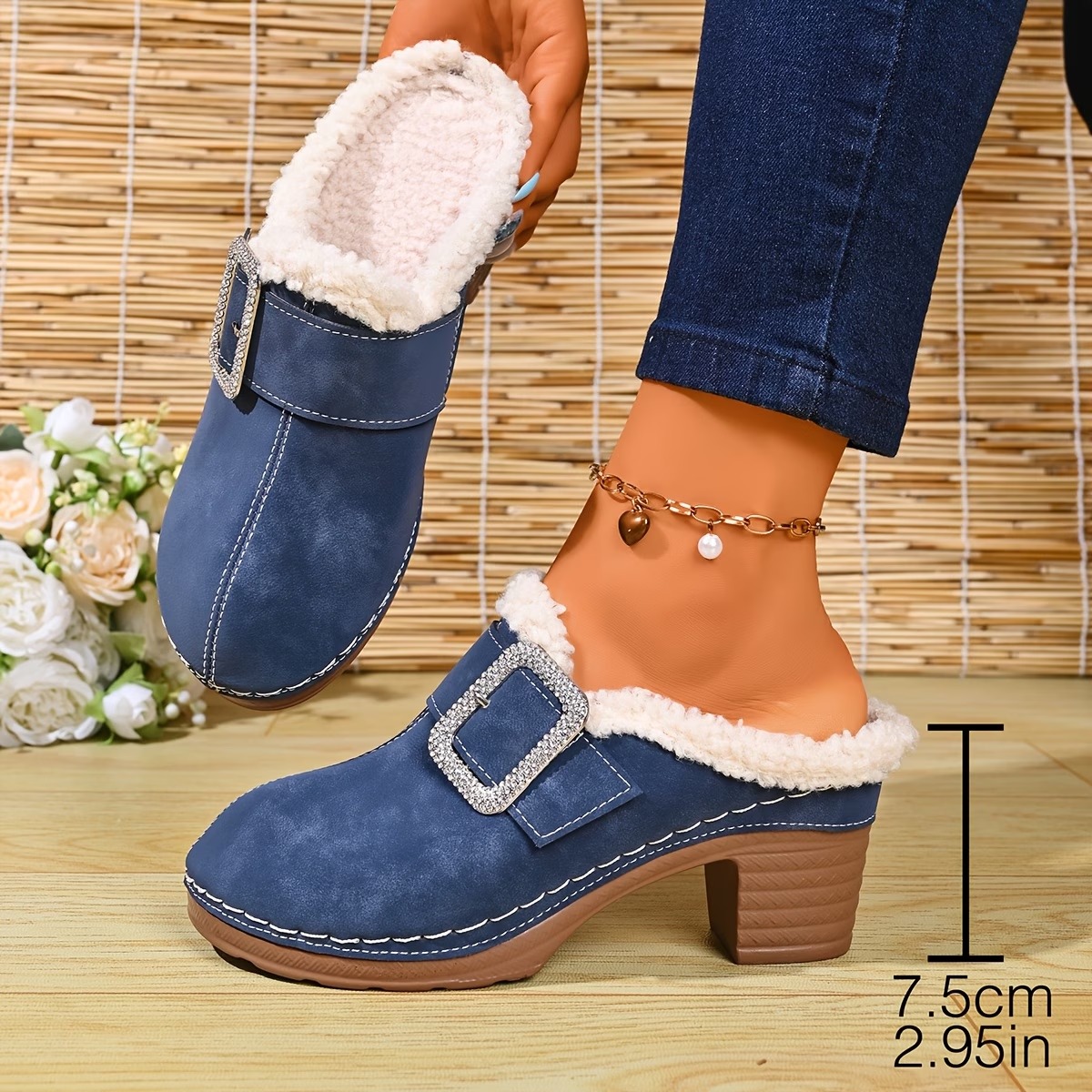 Women's Plush-Lined Rhinestone Square Buckle Warm Mule Slippers