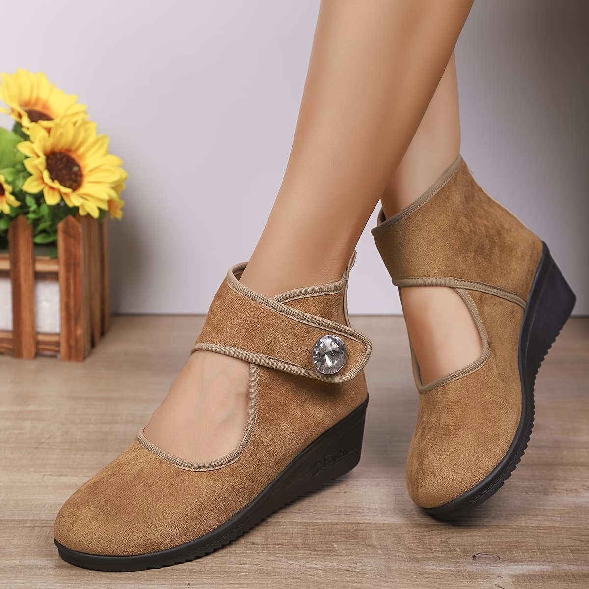 Women's Rhinestone-Embellished - Wedge Ankle Boots with Buckle Strap