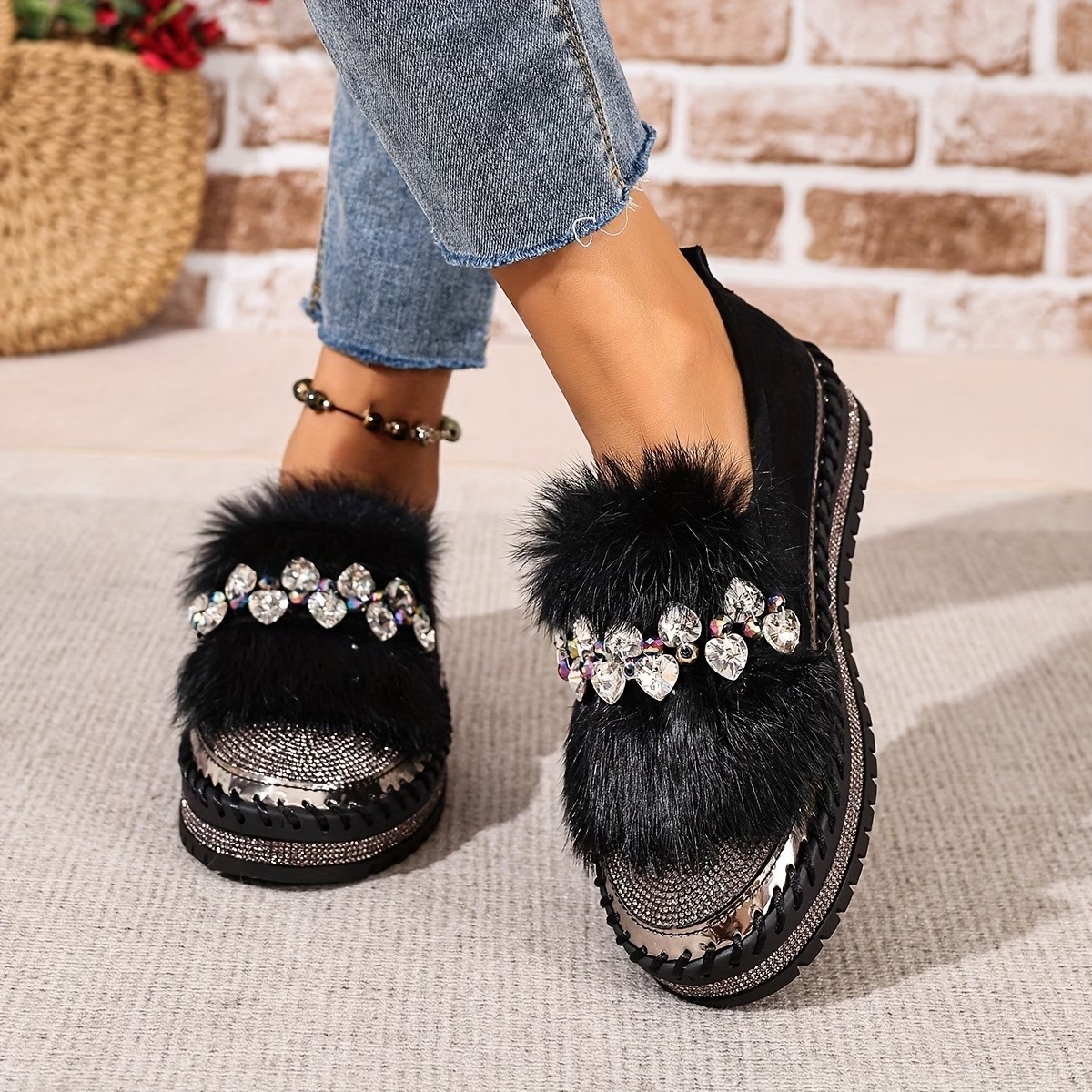 Women's Rhinestone Casual Warm Flat Shoes