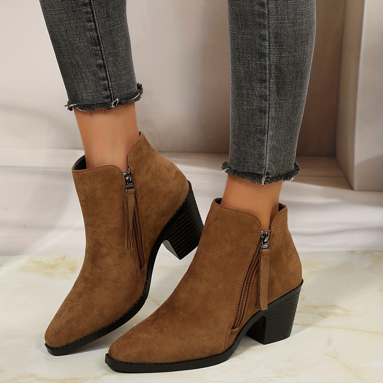 Women's Autumn Square-Toe Double Zipper Ankle Boots