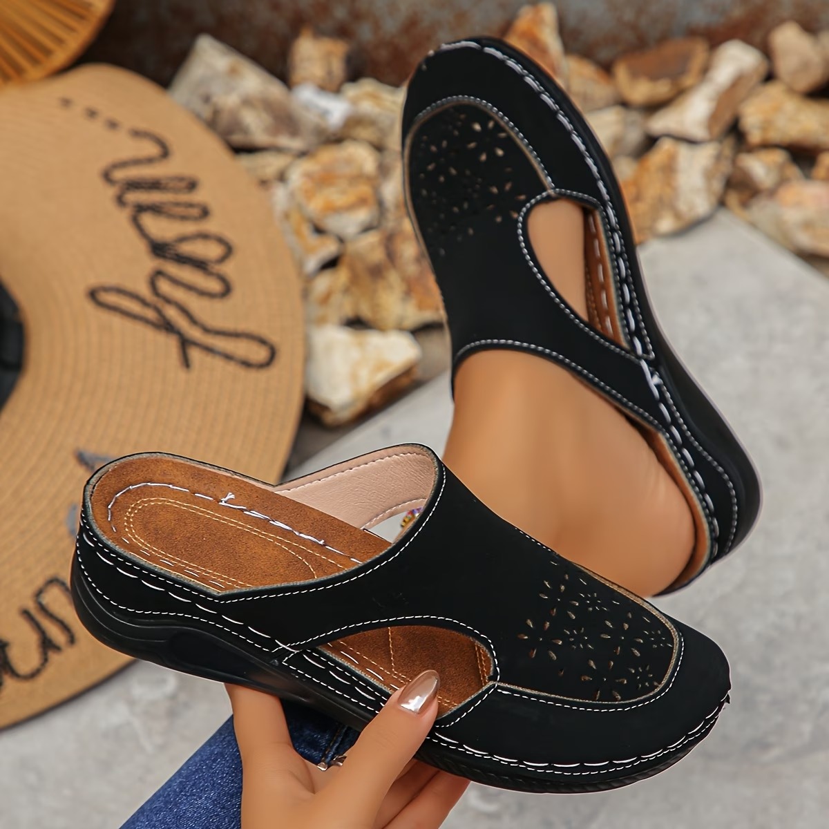 Hollow Carved Lazy Slip-On Shoes with Shock-Absorbing Wedge Heels