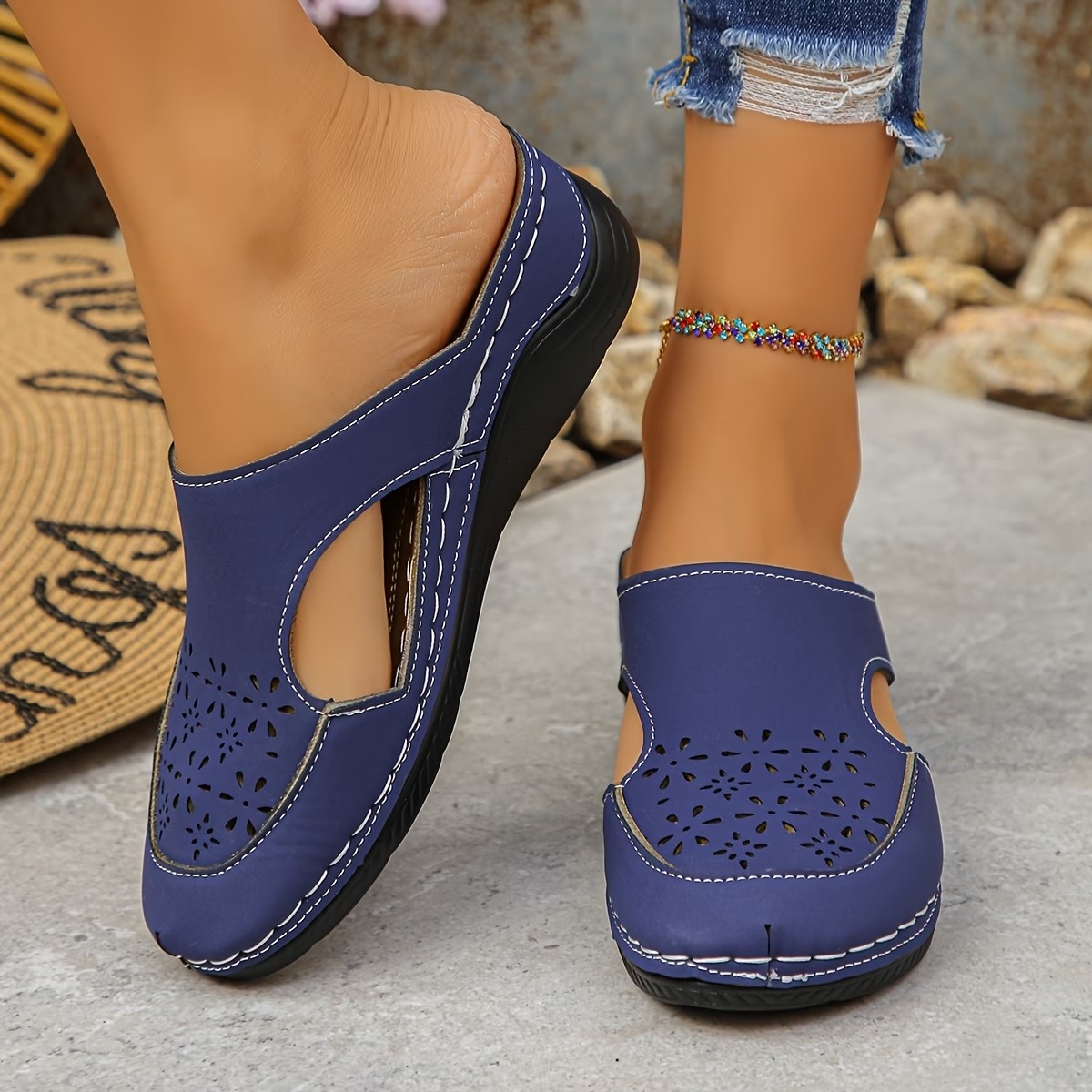 Hollow Carved Lazy Slip-On Shoes with Shock-Absorbing Wedge Heels