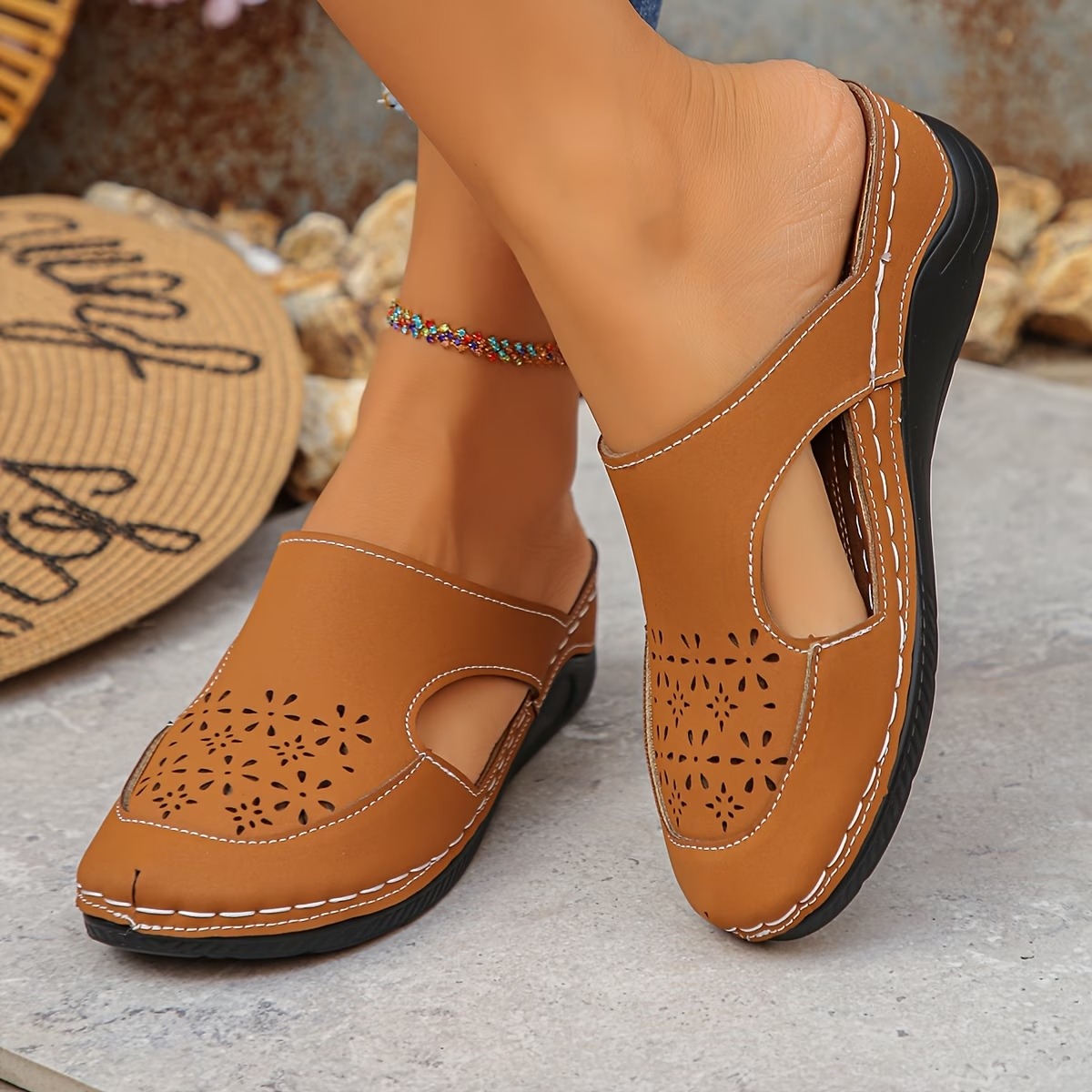 Hollow Carved Lazy Slip-On Shoes with Shock-Absorbing Wedge Heels