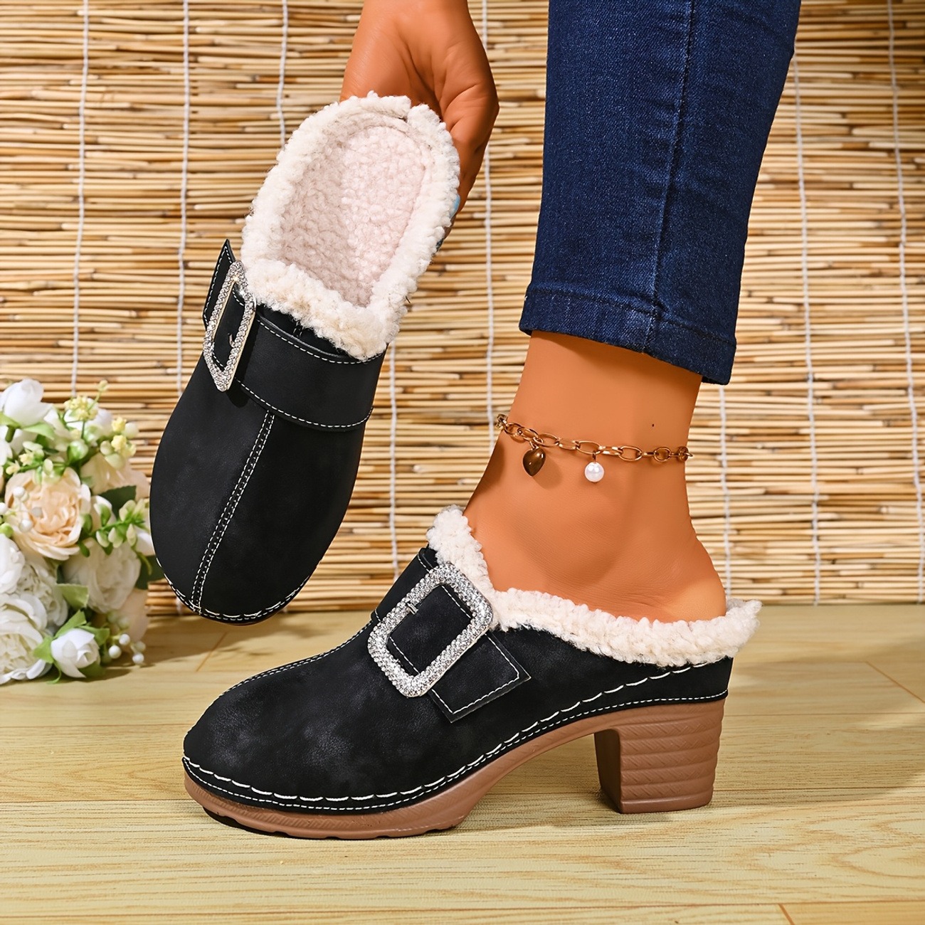 Women's Plush-Lined Rhinestone Square Buckle Warm Mule Slippers