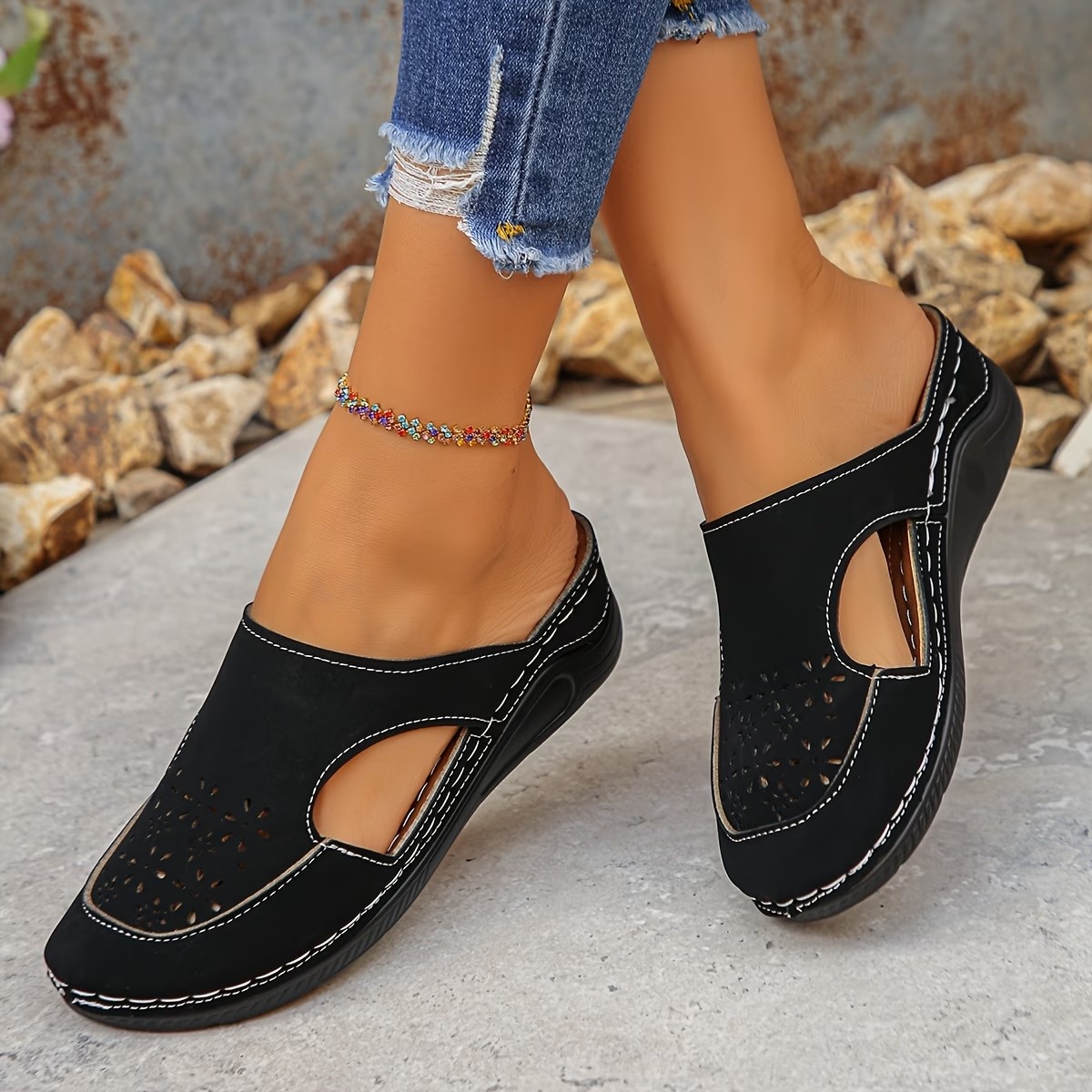 Hollow Carved Lazy Slip-On Shoes with Shock-Absorbing Wedge Heels