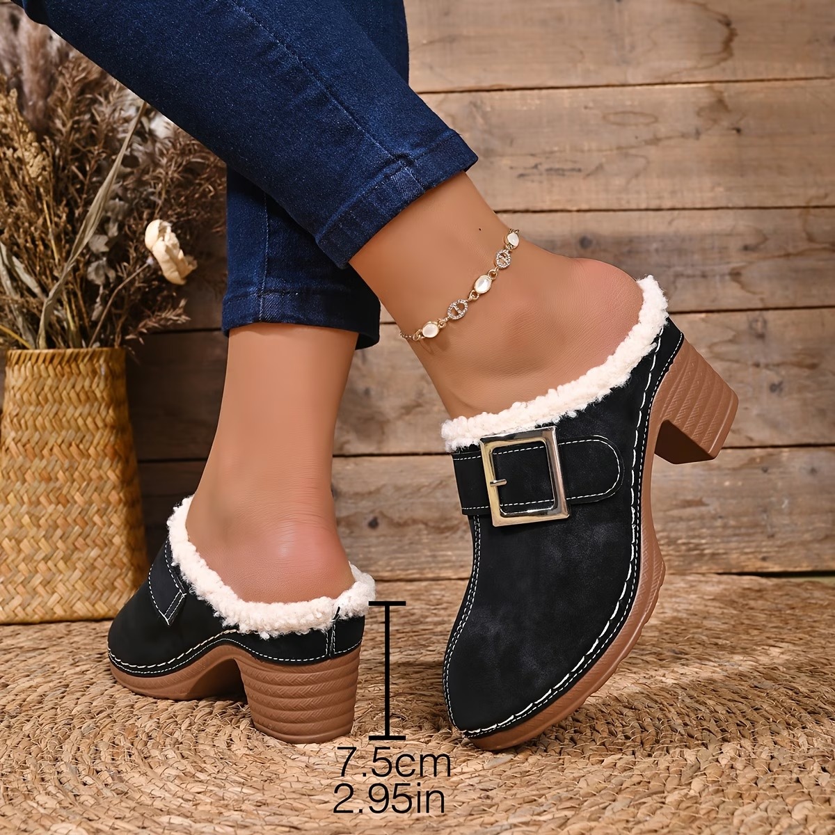 Women's Vintage Plush-Lined Chunky Heel Buckle Mule Half-Slippers