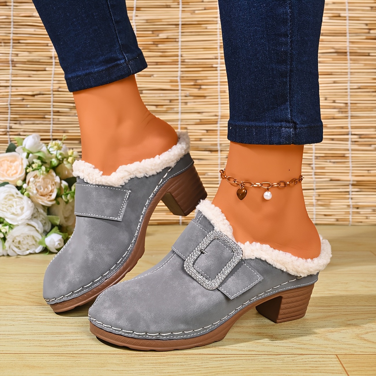 Women's Plush-Lined Rhinestone Square Buckle Warm Mule Slippers
