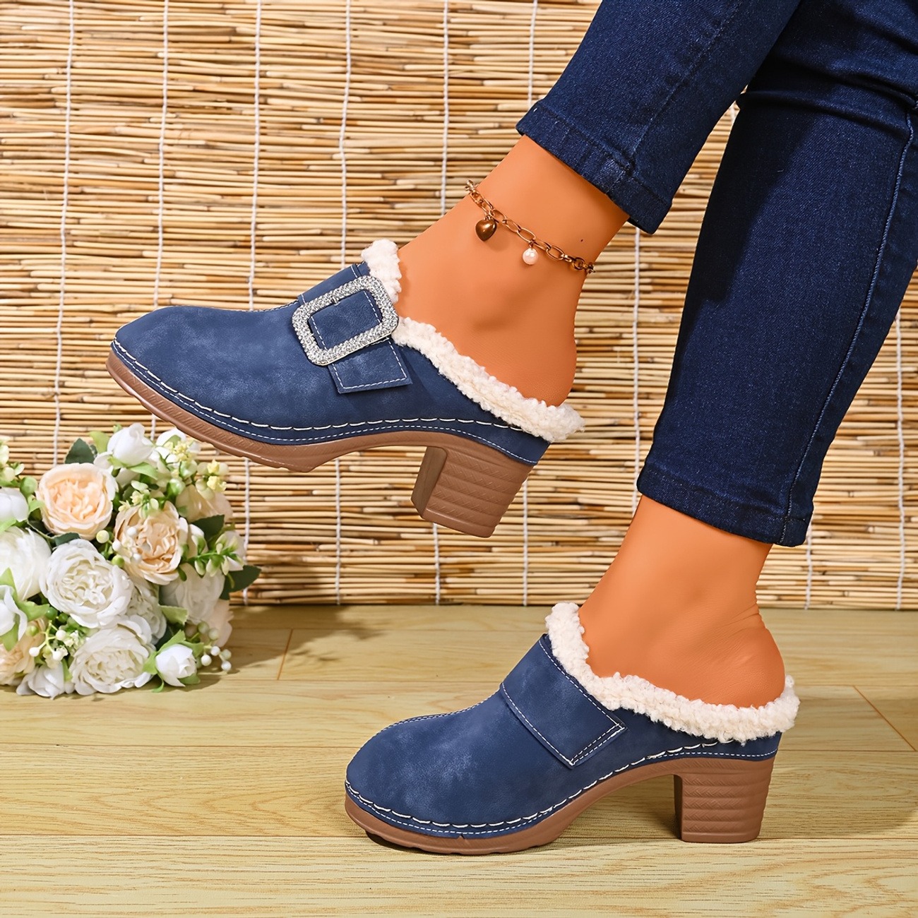 Women's Plush-Lined Rhinestone Square Buckle Warm Mule Slippers