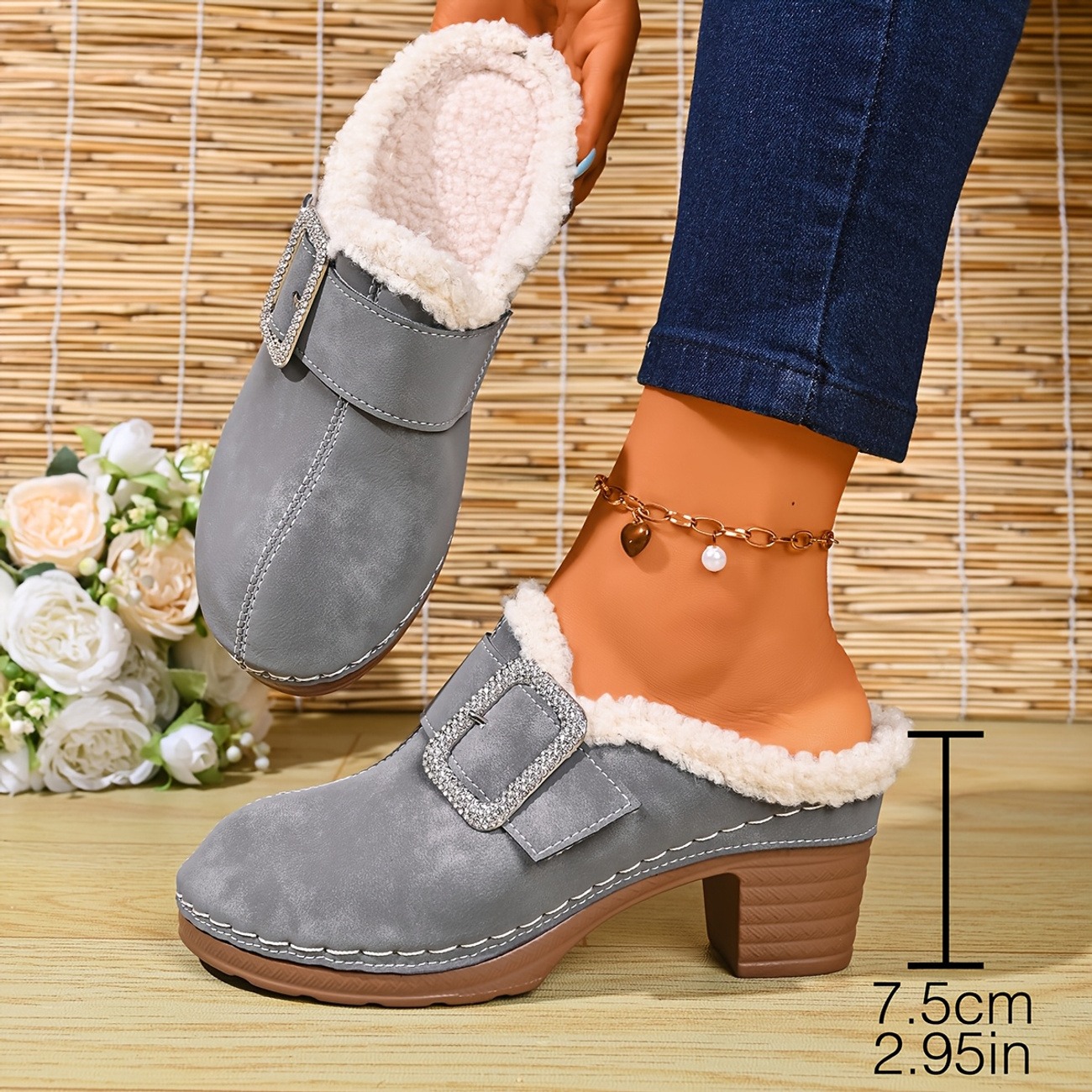 Women's Plush-Lined Rhinestone Square Buckle Warm Mule Slippers