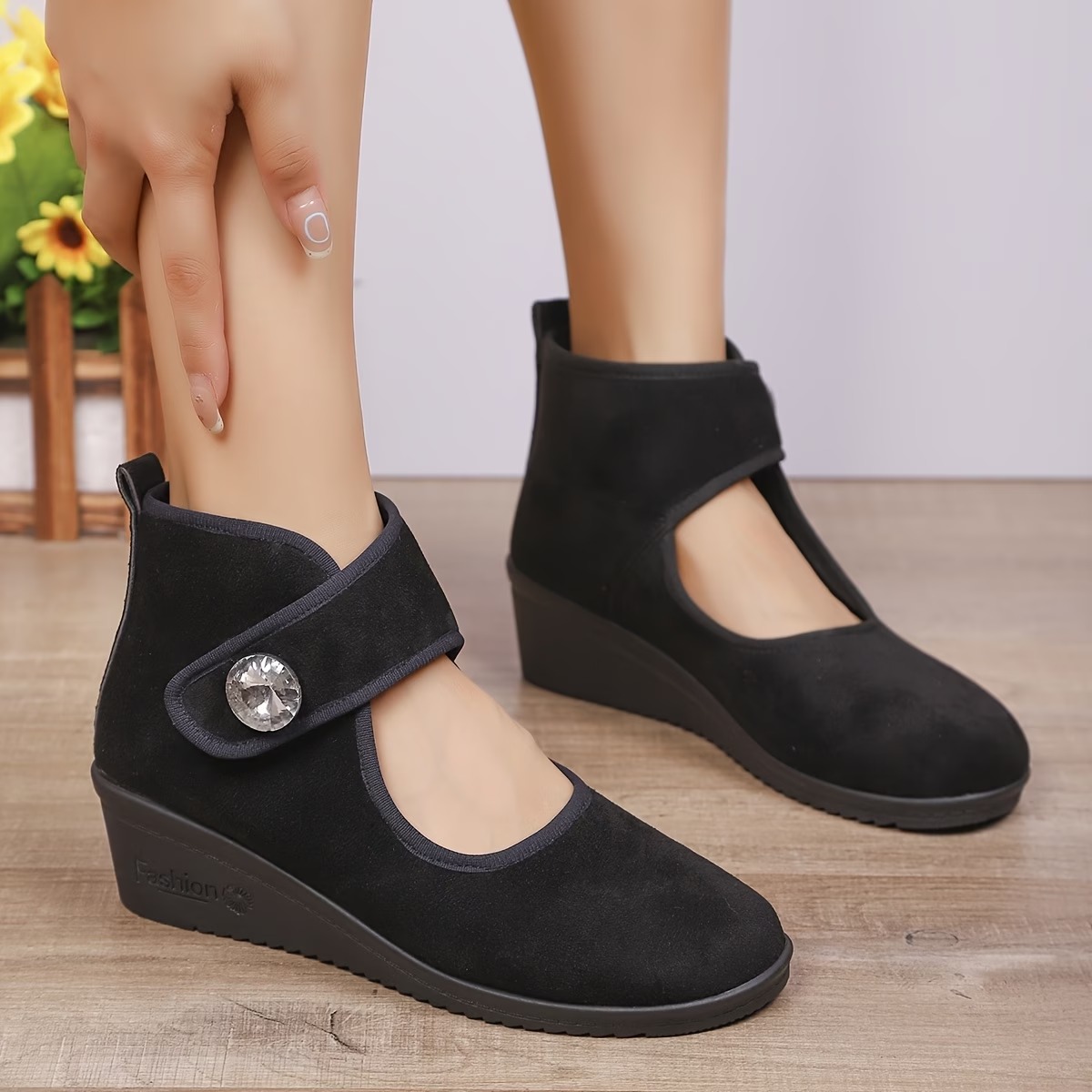 Women's Rhinestone-Embellished - Wedge Ankle Boots with Buckle Strap