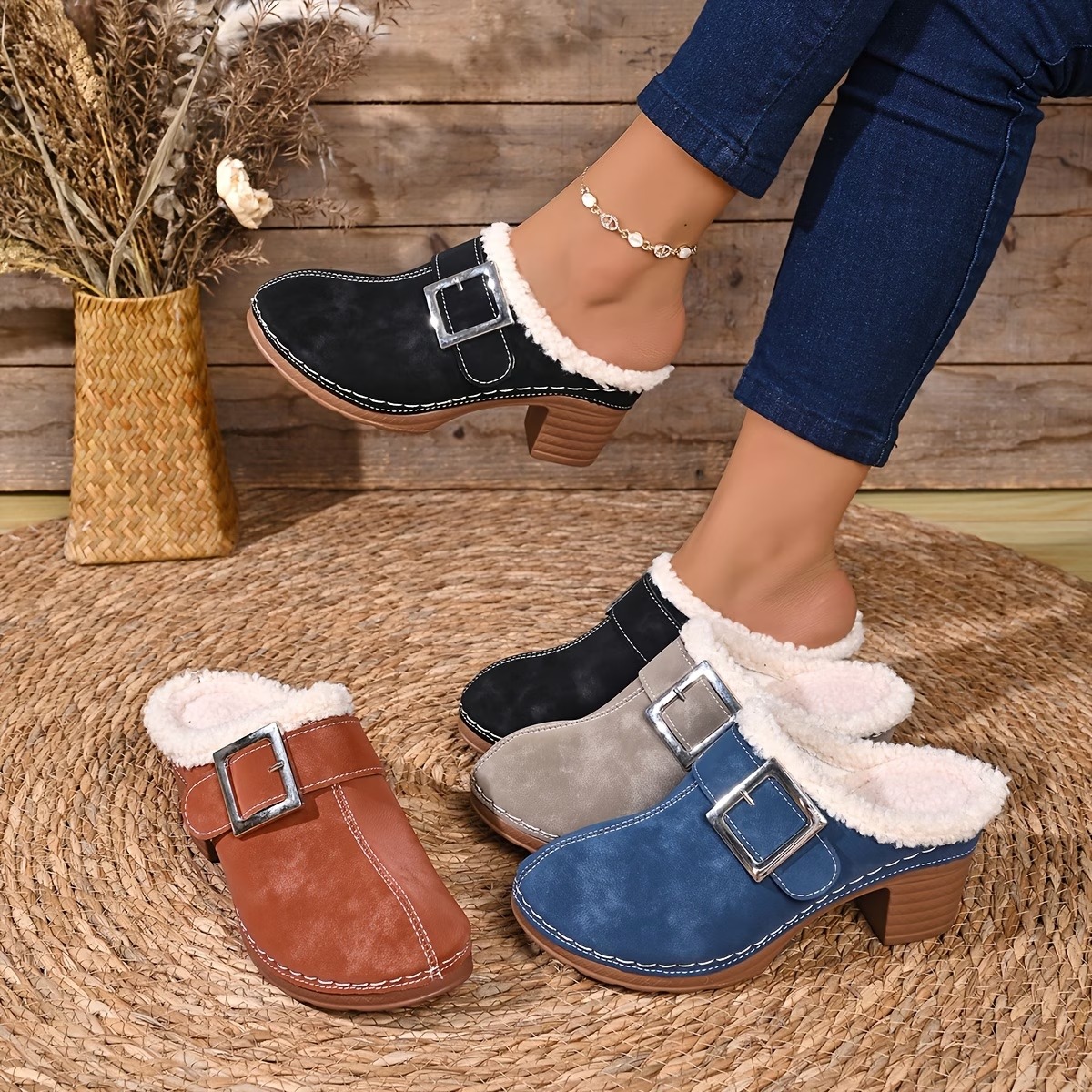 Women's Vintage Plush-Lined Chunky Heel Buckle Mule Half-Slippers