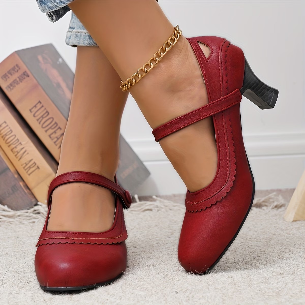 Women‘s Vintage Round Toe Mary Jane High Heels Shoes