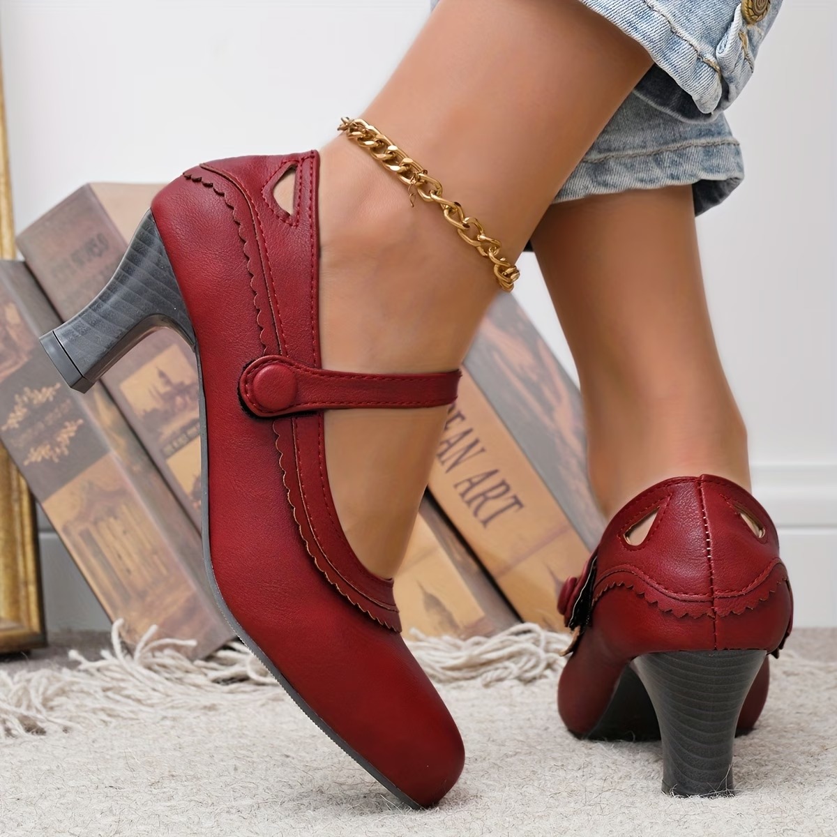 Women‘s Vintage Round Toe Mary Jane High Heels Shoes