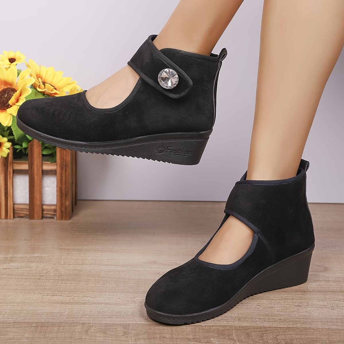 Women's Rhinestone-Embellished - Wedge Ankle Boots with Buckle Strap