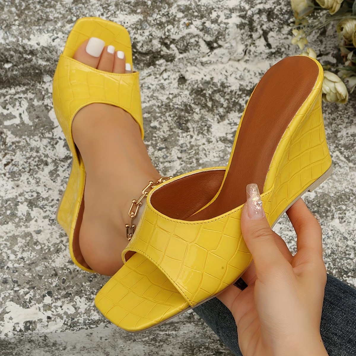 Women'S Square-Toed Slip-On Mule Wedge Sandals
